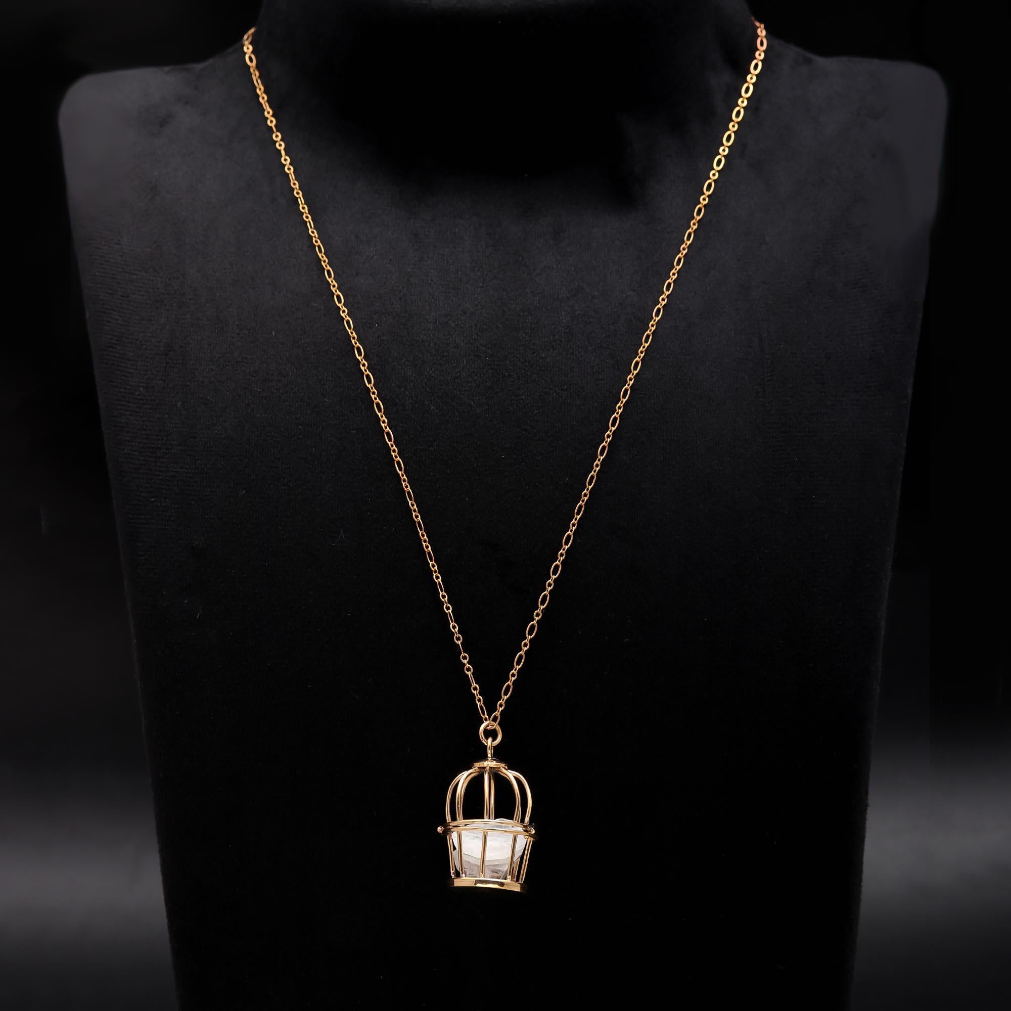 The Gilded Sanctuary: Raw Quartz Cage Pendant Necklace
