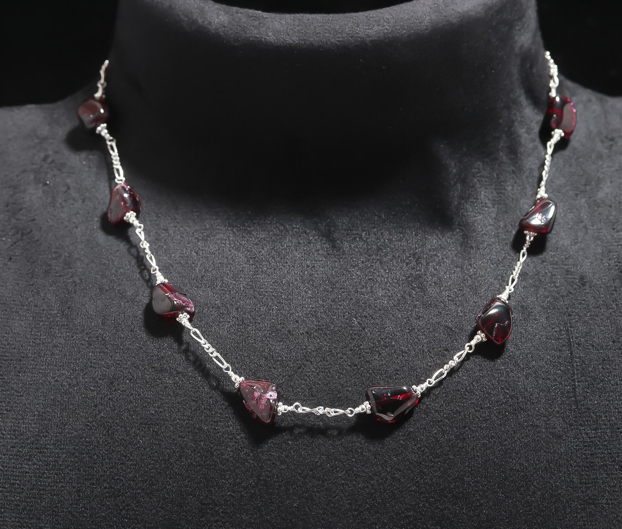 925 Silver Garnet Beads Chain Necklace