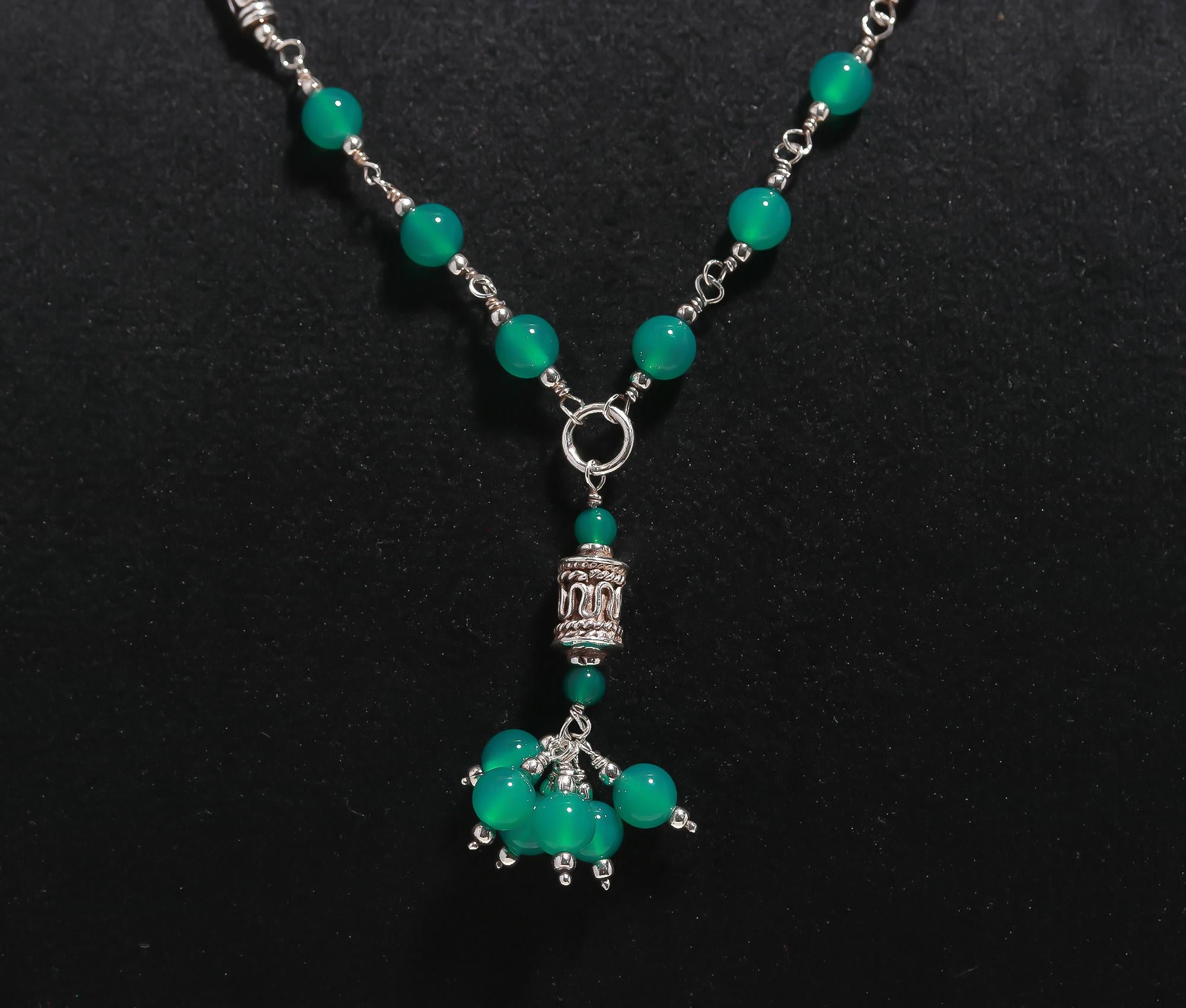 925 Silver Green Onyx Beaded Pendant Necklace