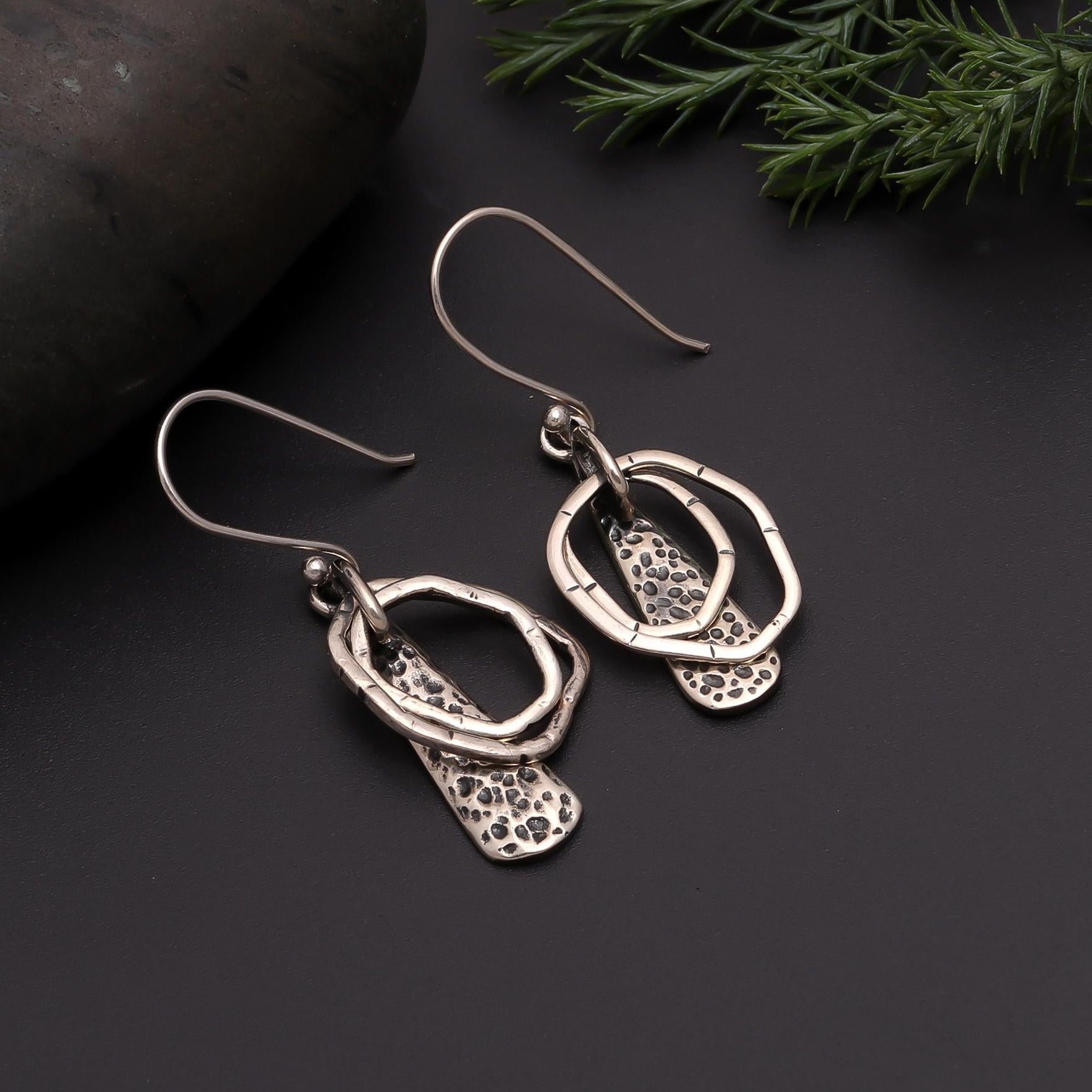 The Textured Geometry: Artisan Hammered Silver Earrings
