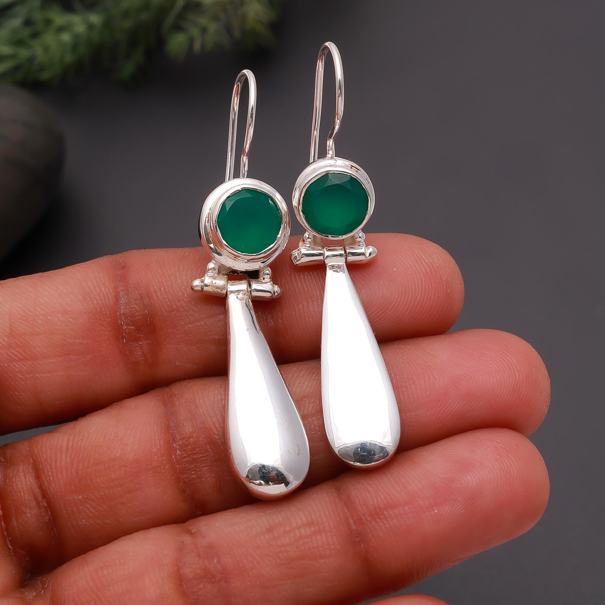 The Verdant Teardrop: Green Onyx Silver Sleek Earrings