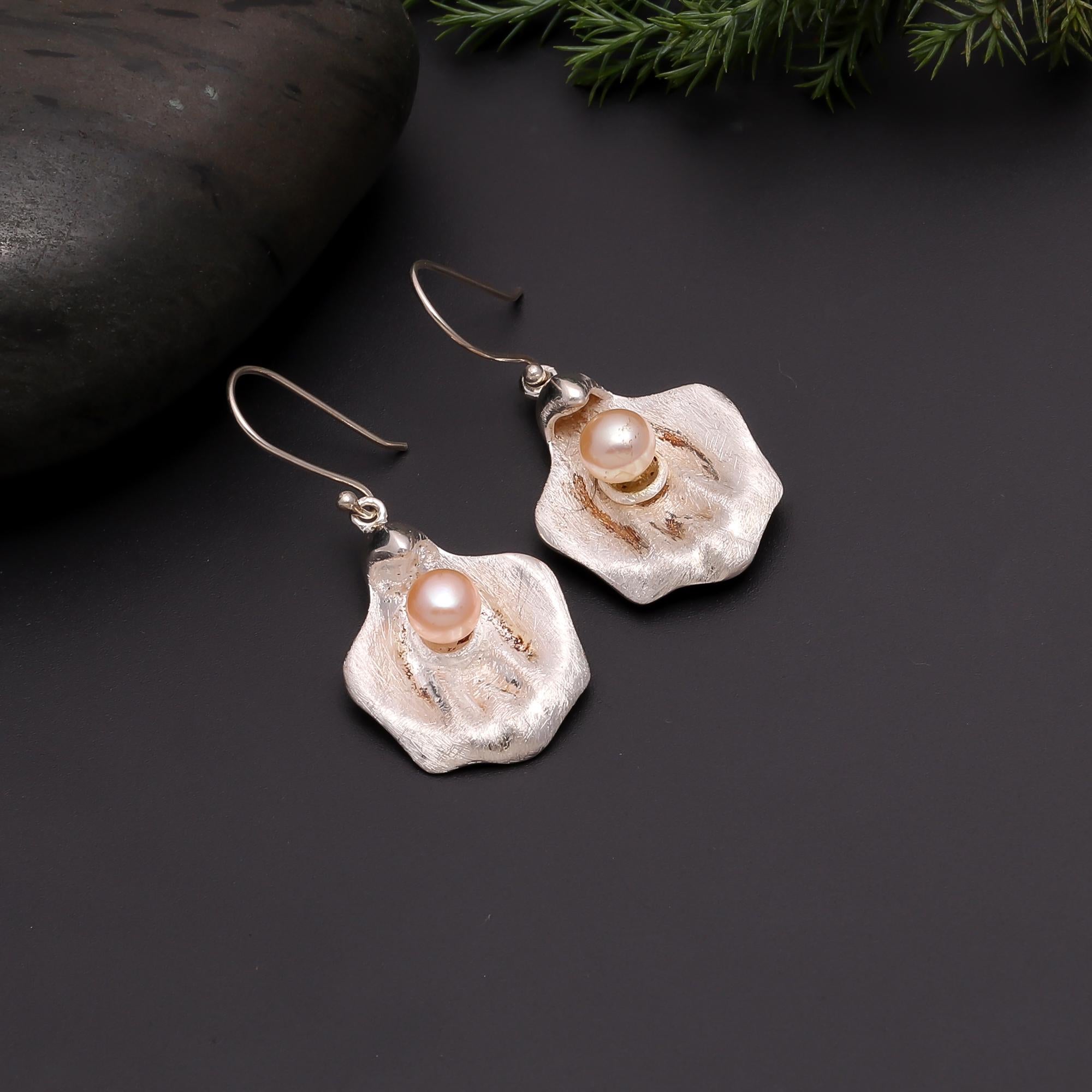 The Organic Bloom: Textured Silver & Pink Pearl Earrings