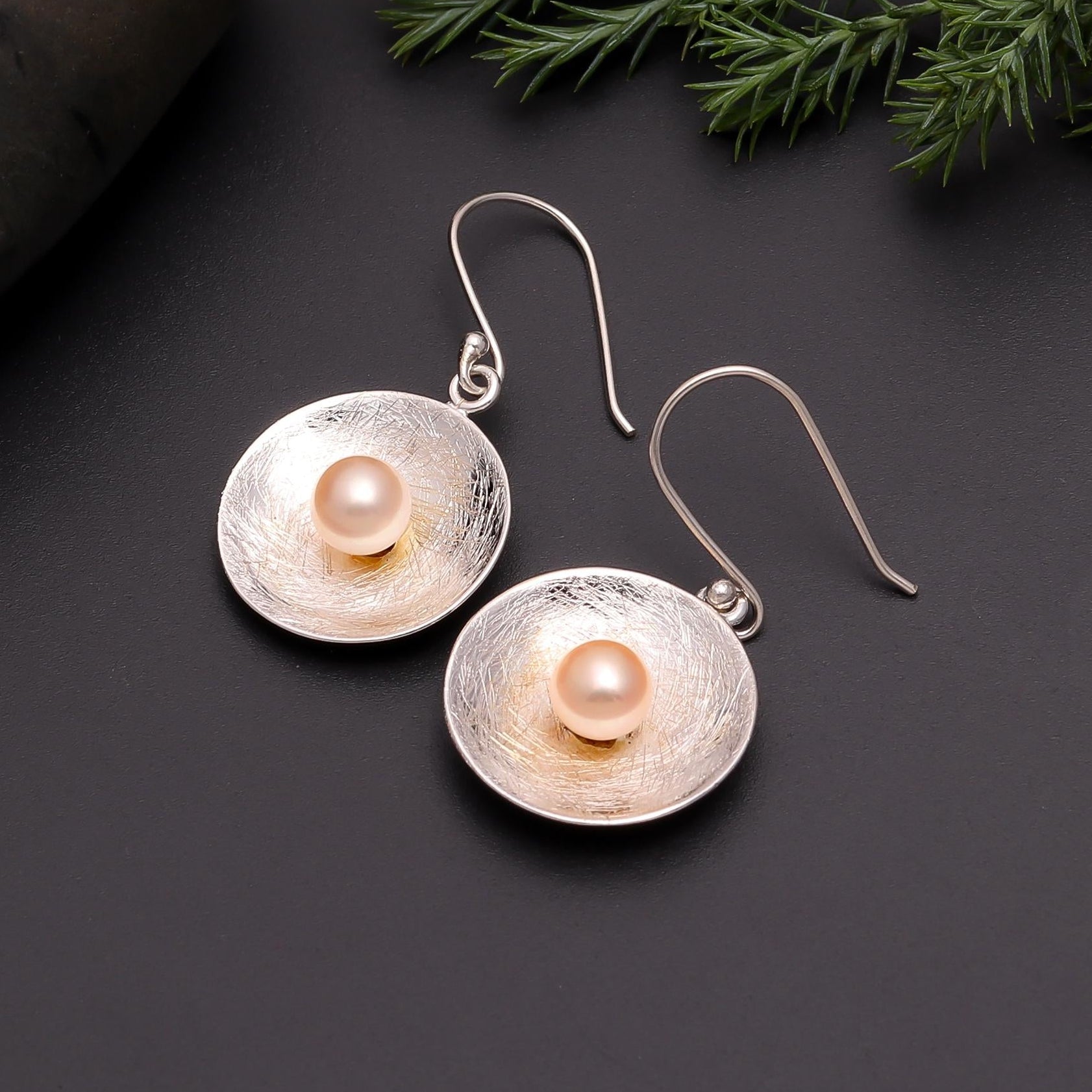 The Brushed Dish: Textured Silver Pearl Earrings