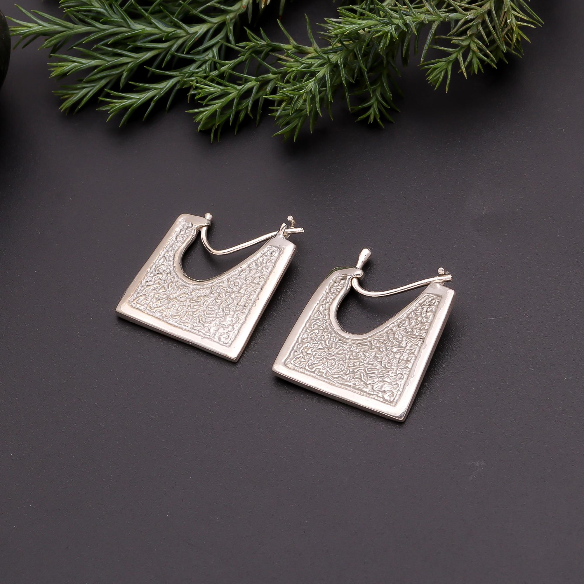 The Etched Square: Artisan Silver Geometric Hoops