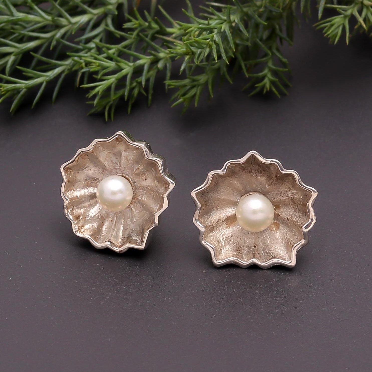 The Scalloped Blooms: Silver Textured Flower Studs