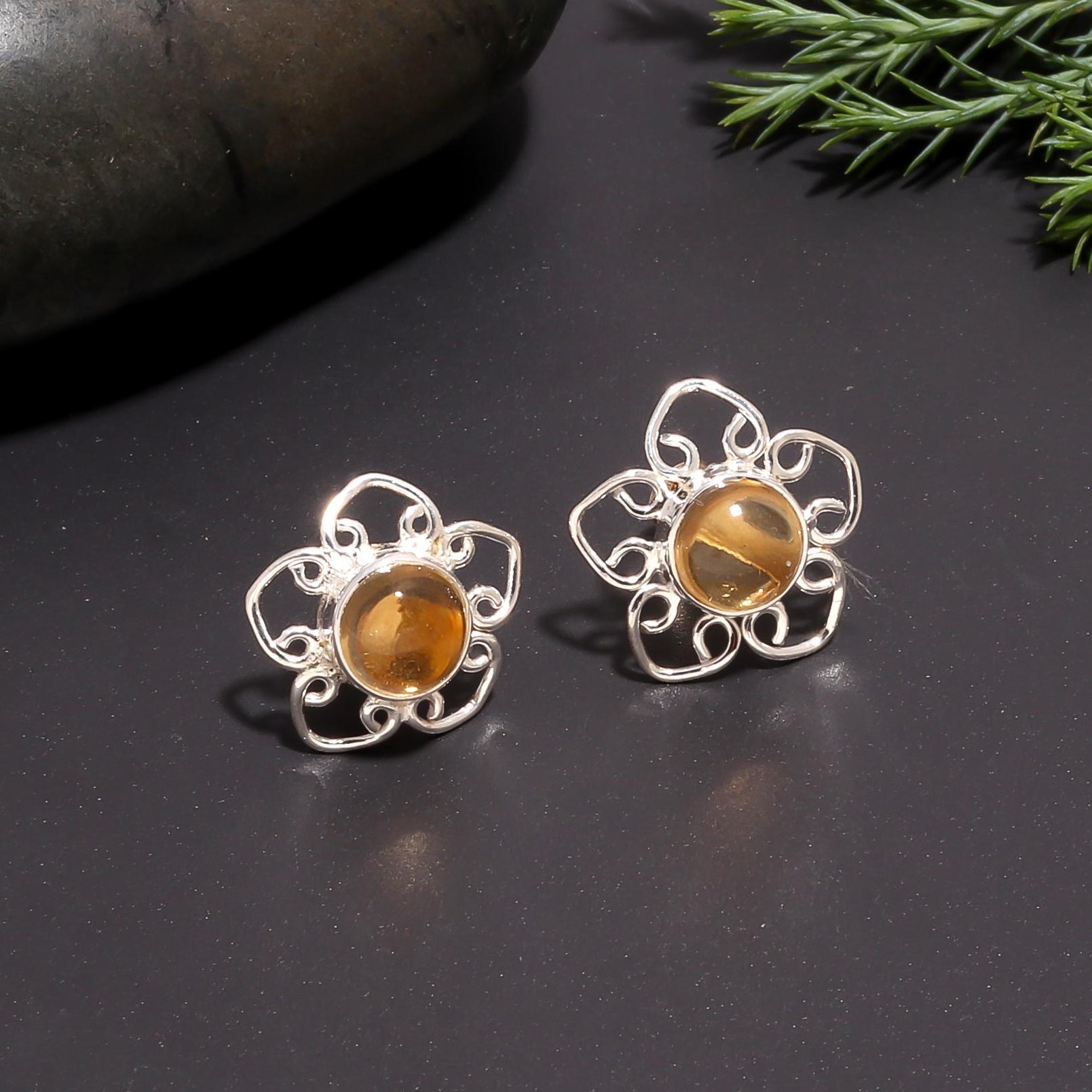 The Citrine Bloom: Ornate Floral Silver Studs