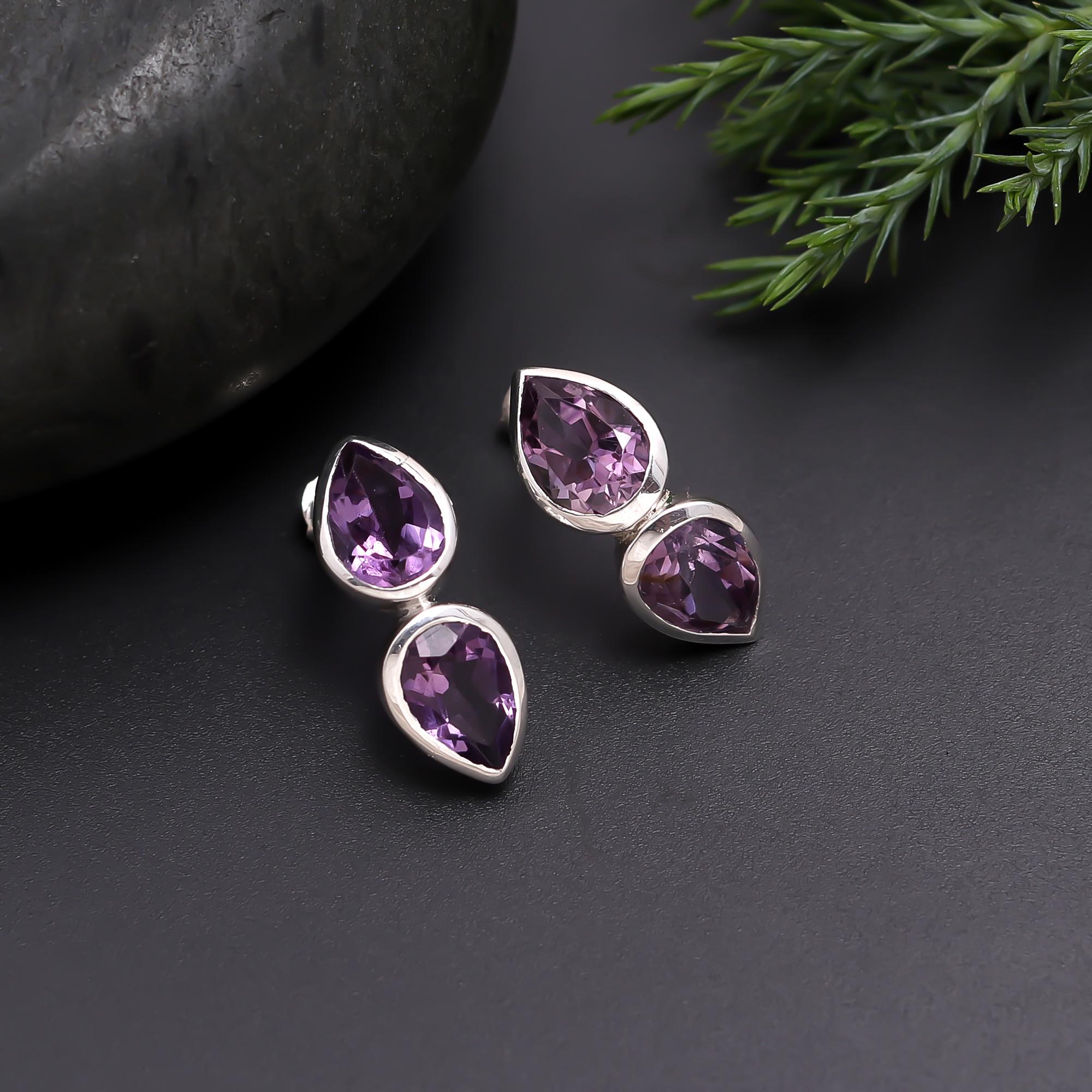 The Amethyst Duo: Silver Teardrop Gemstone Earrings