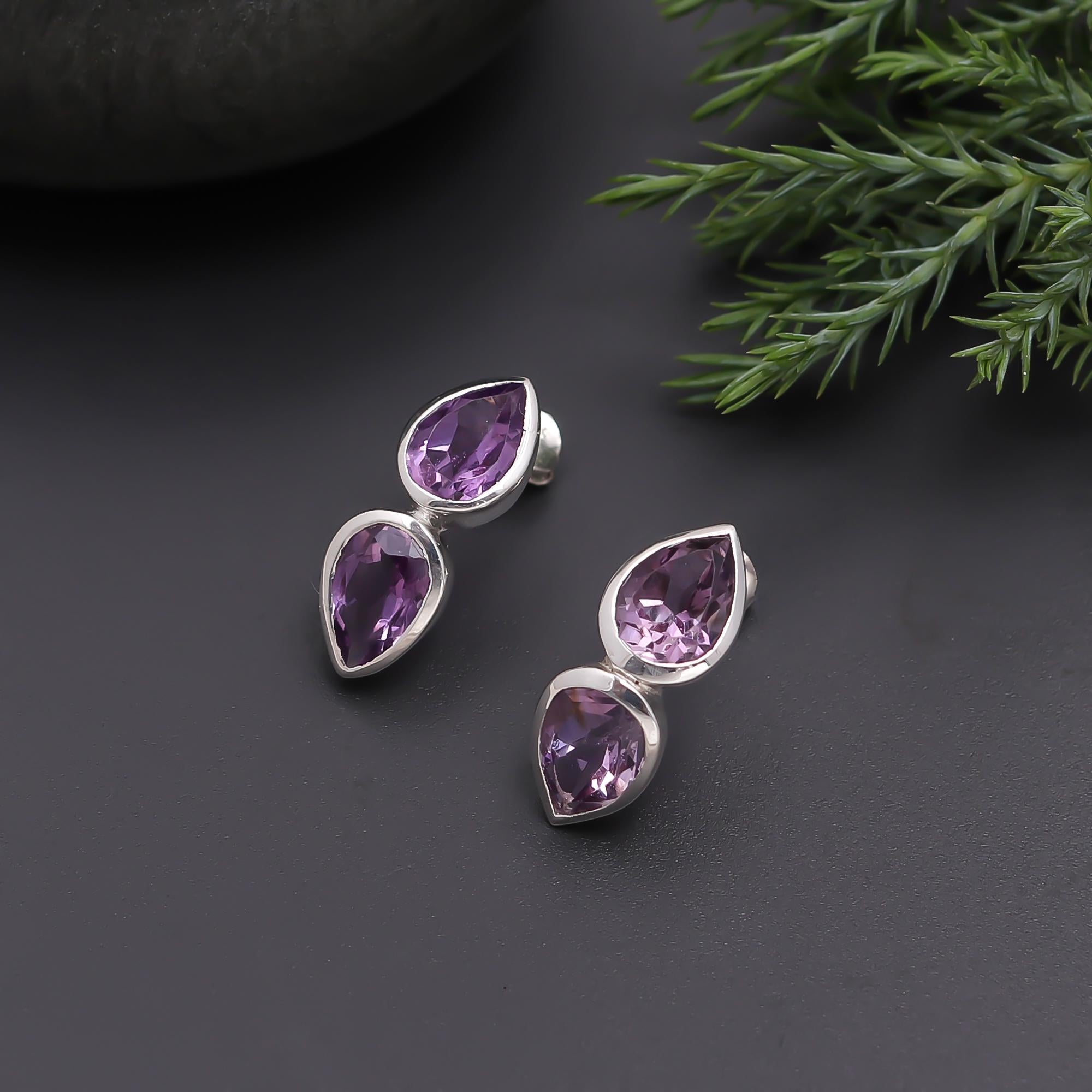 The Amethyst Duo: Silver Teardrop Gemstone Earrings