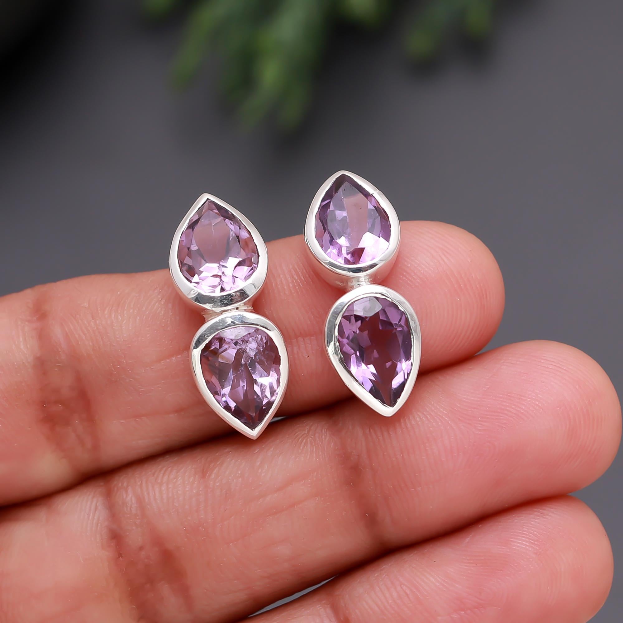 The Amethyst Duo: Silver Teardrop Gemstone Earrings