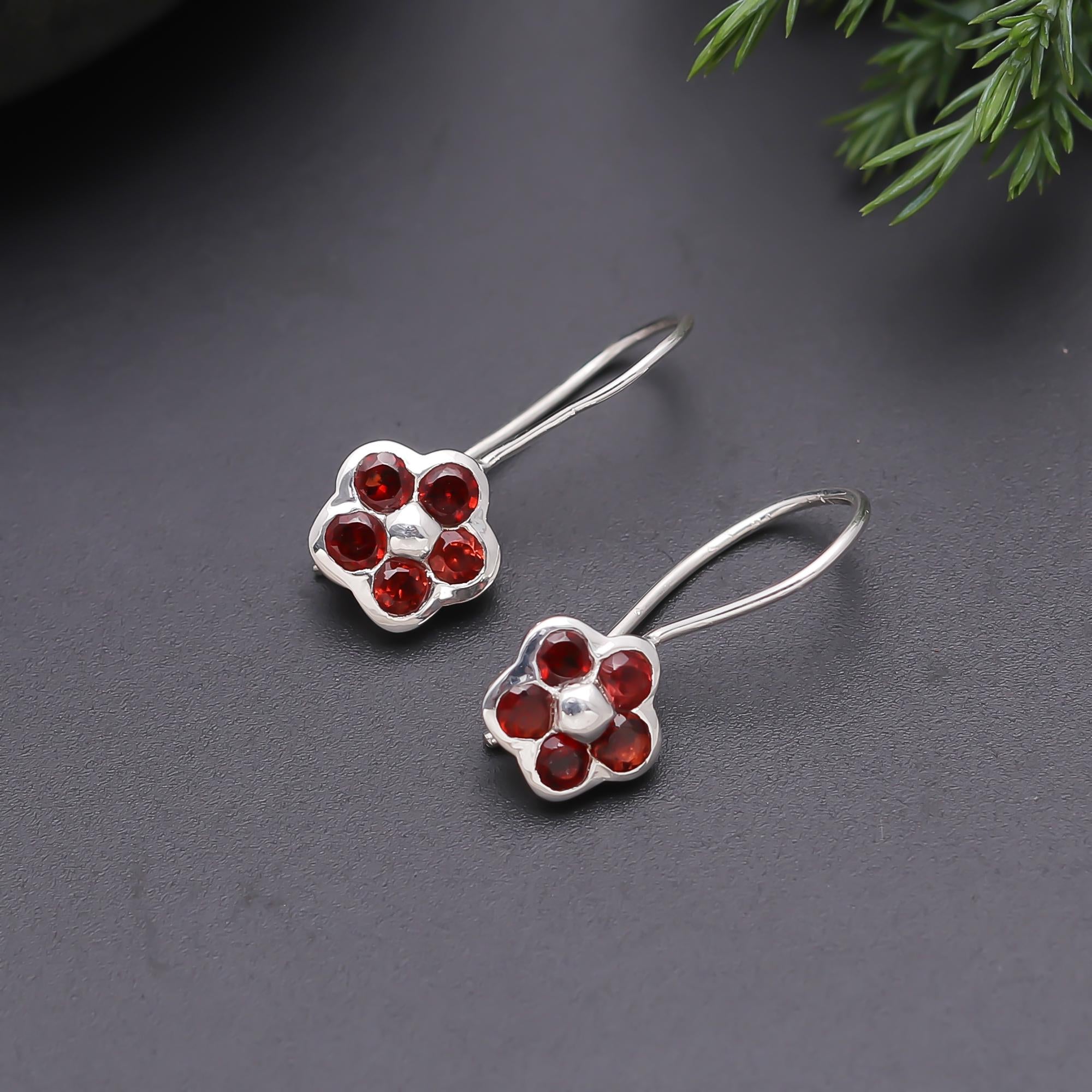 The Garnet Rosette: Silver Flower Earrings