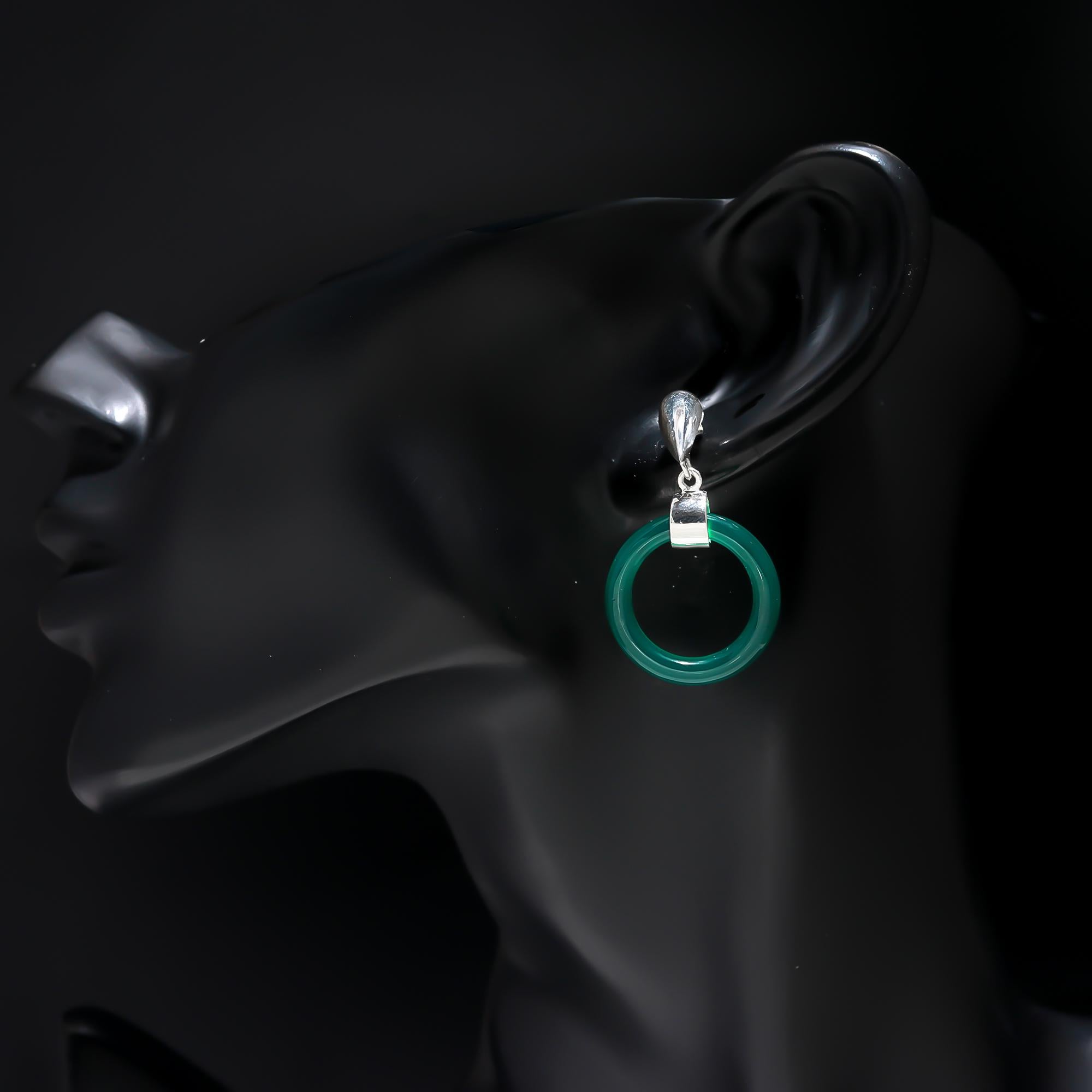 The Emerald Arc: Green Onyx Silver Modern Earrings