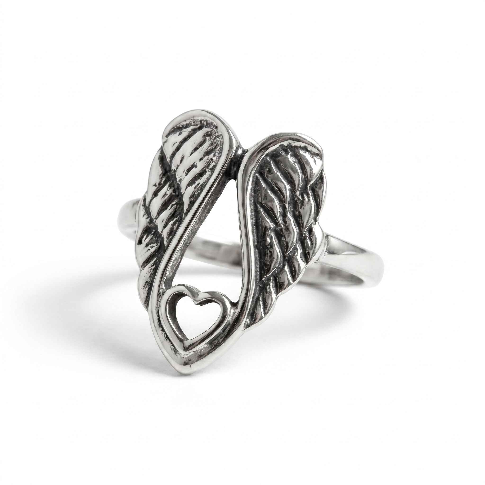 The Guardian's Embrace: Angel Wing Heart Silver Ring
