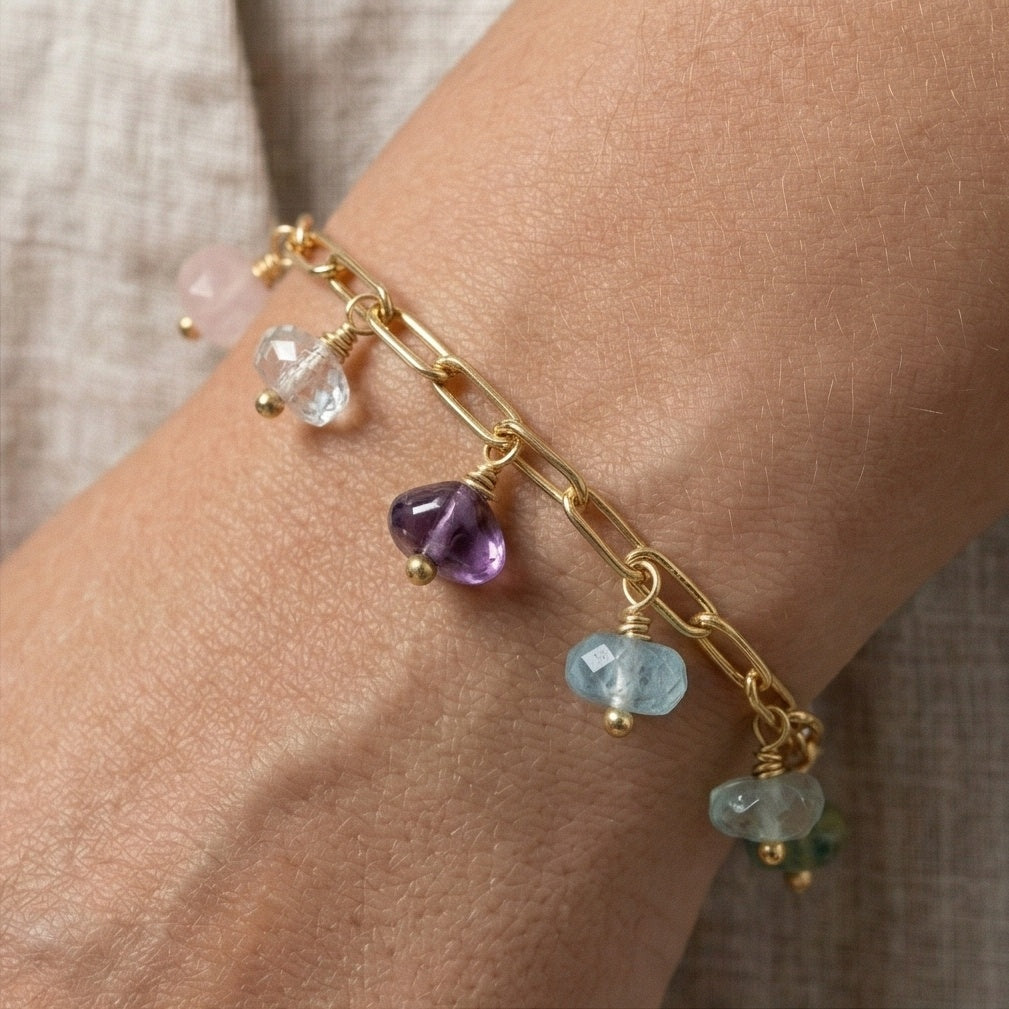 The Pebble Shore: Raw Multi-Crystal Paperclip Charm Bracelet