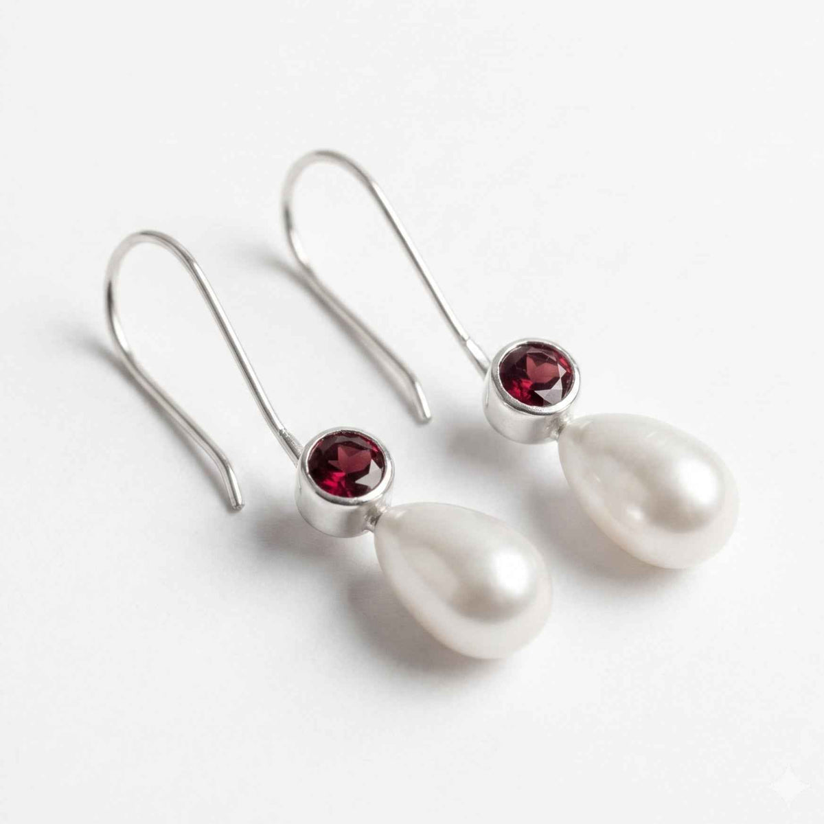 The Crimson Teardrop: Garnet & Pearl Silver Drop Earrings