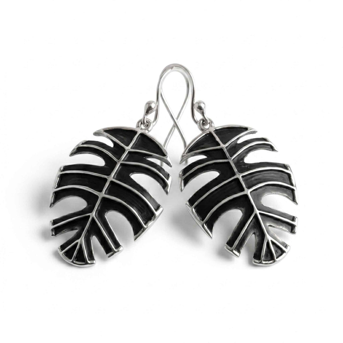 The Midnight Monstera: Oxidized Silver Leaf Drop Earrings