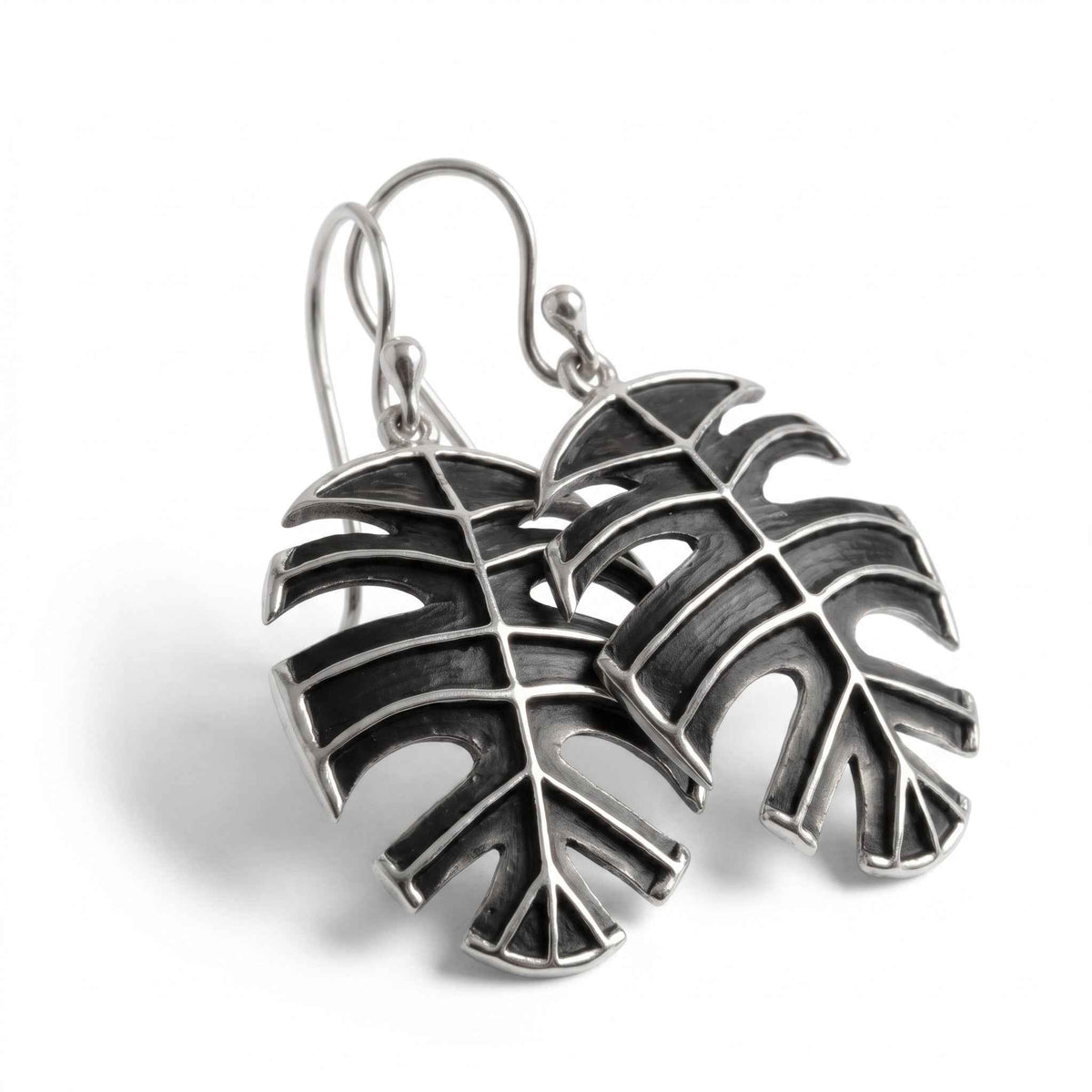 The Midnight Monstera: Oxidized Silver Leaf Drop Earrings