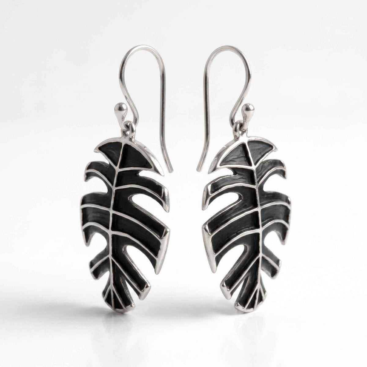 The Midnight Monstera: Oxidized Silver Leaf Drop Earrings
