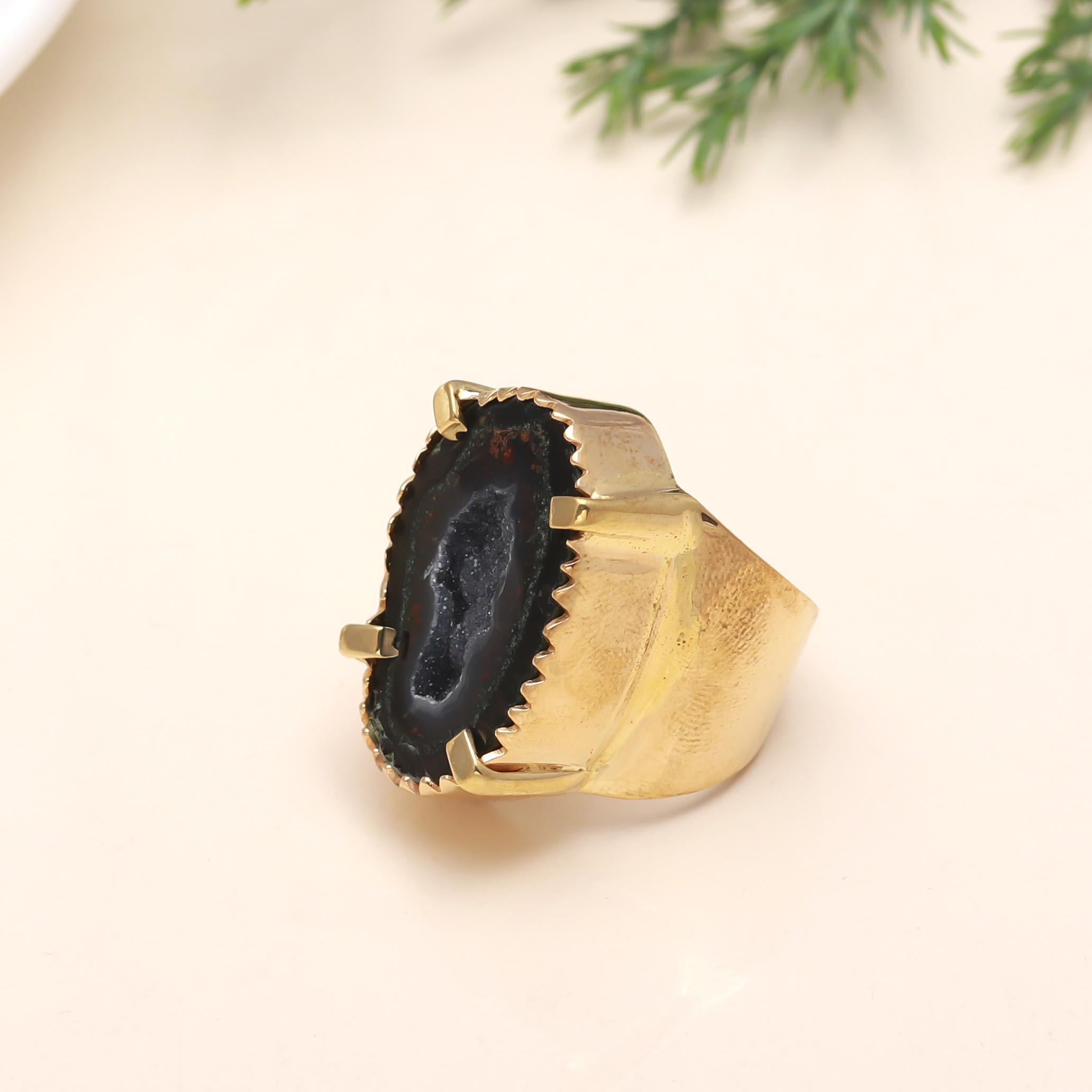 925 Silver Black Agate Druzy Ring
