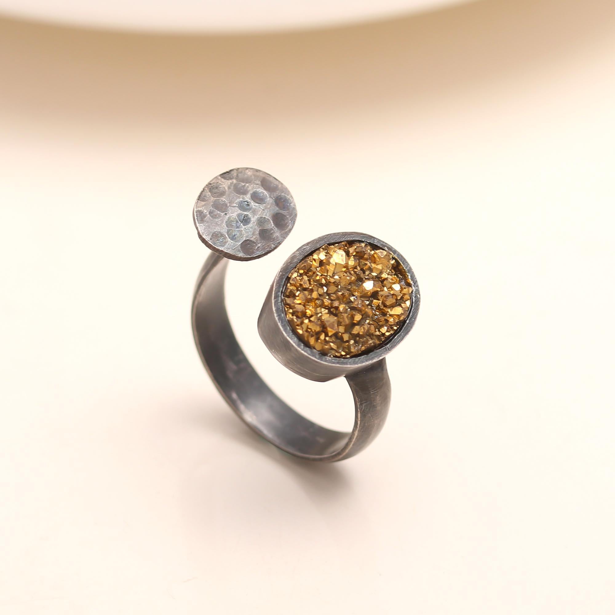 925 Silver Golden Druzy Ring