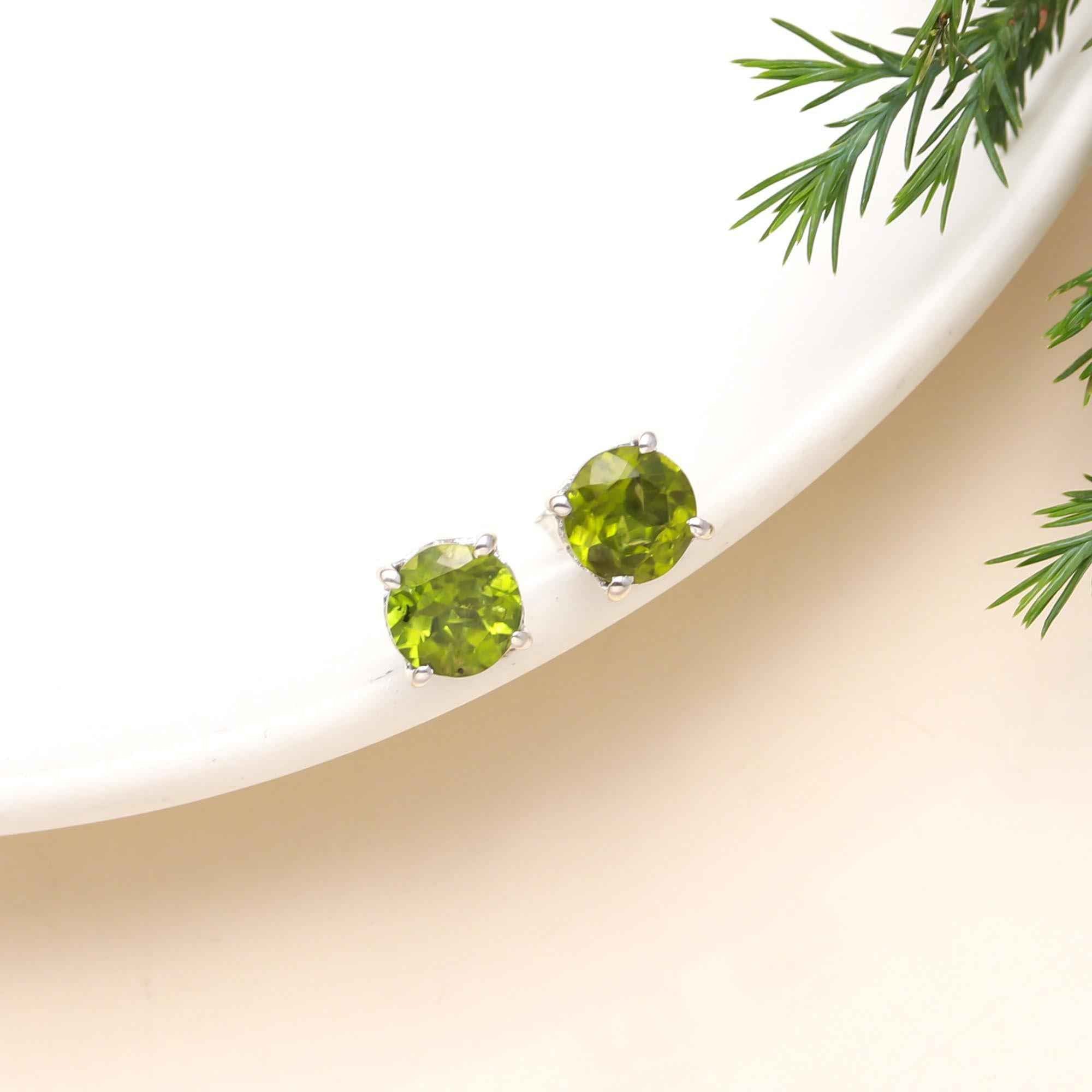 The Verdant Spark: Peridot Solitaire Silver Stud Earrings