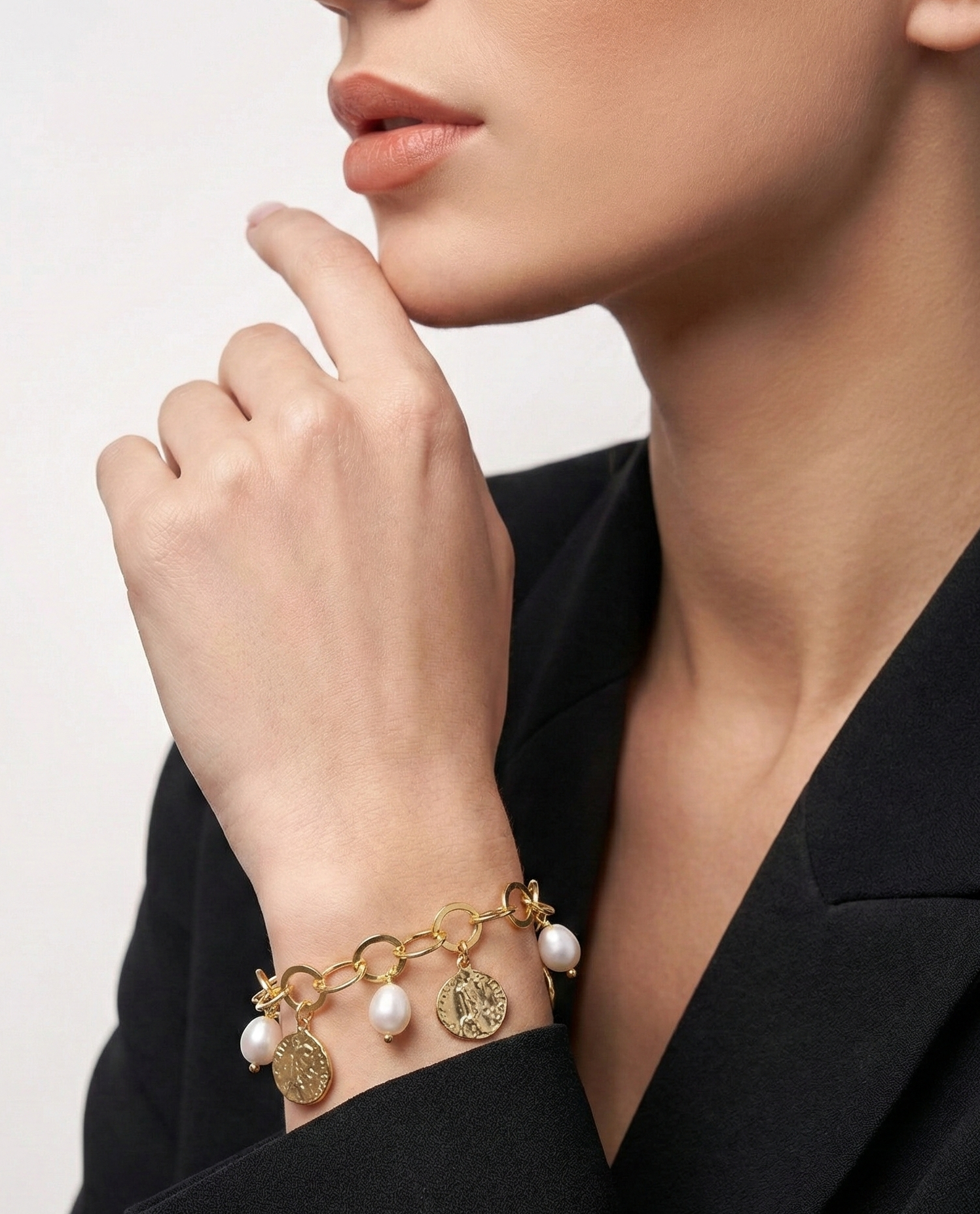 The Roman Heritage: Pearl & Gold Coin Charm Bracelet