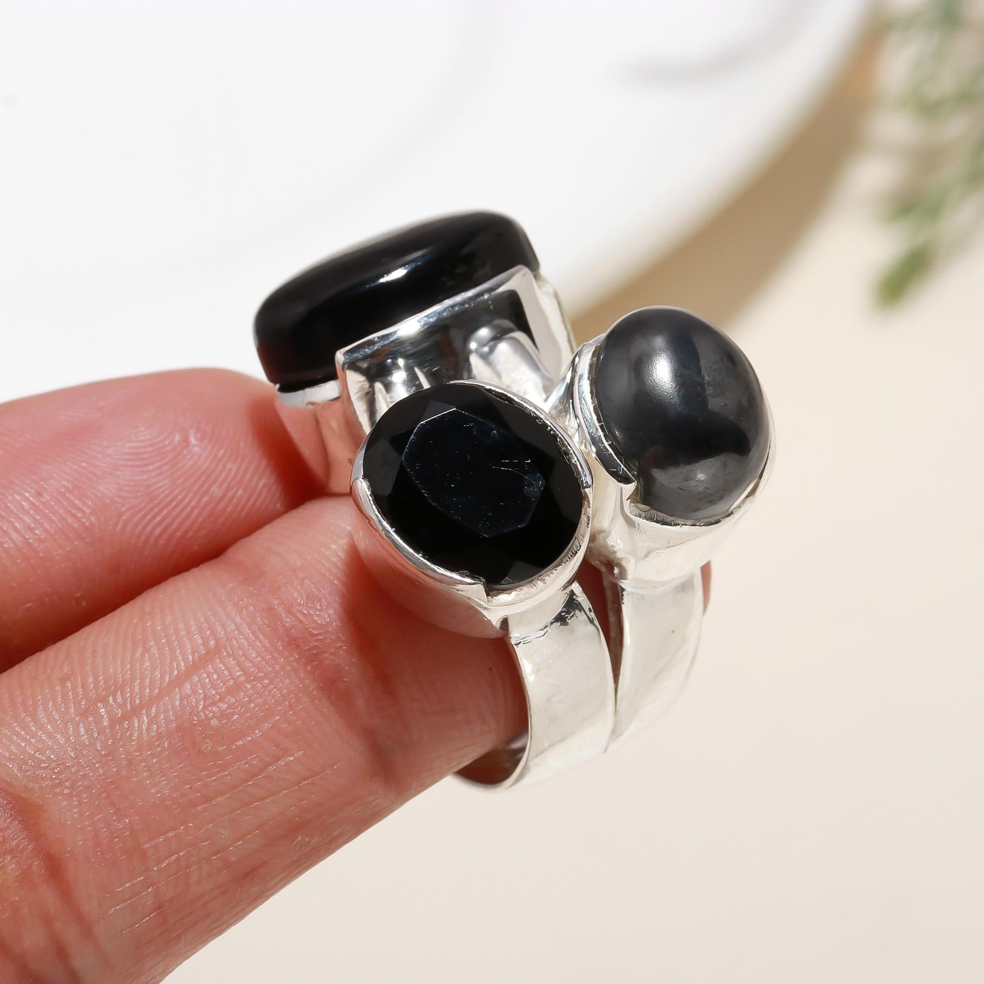 925 Silver Triple Black Onyx Ring