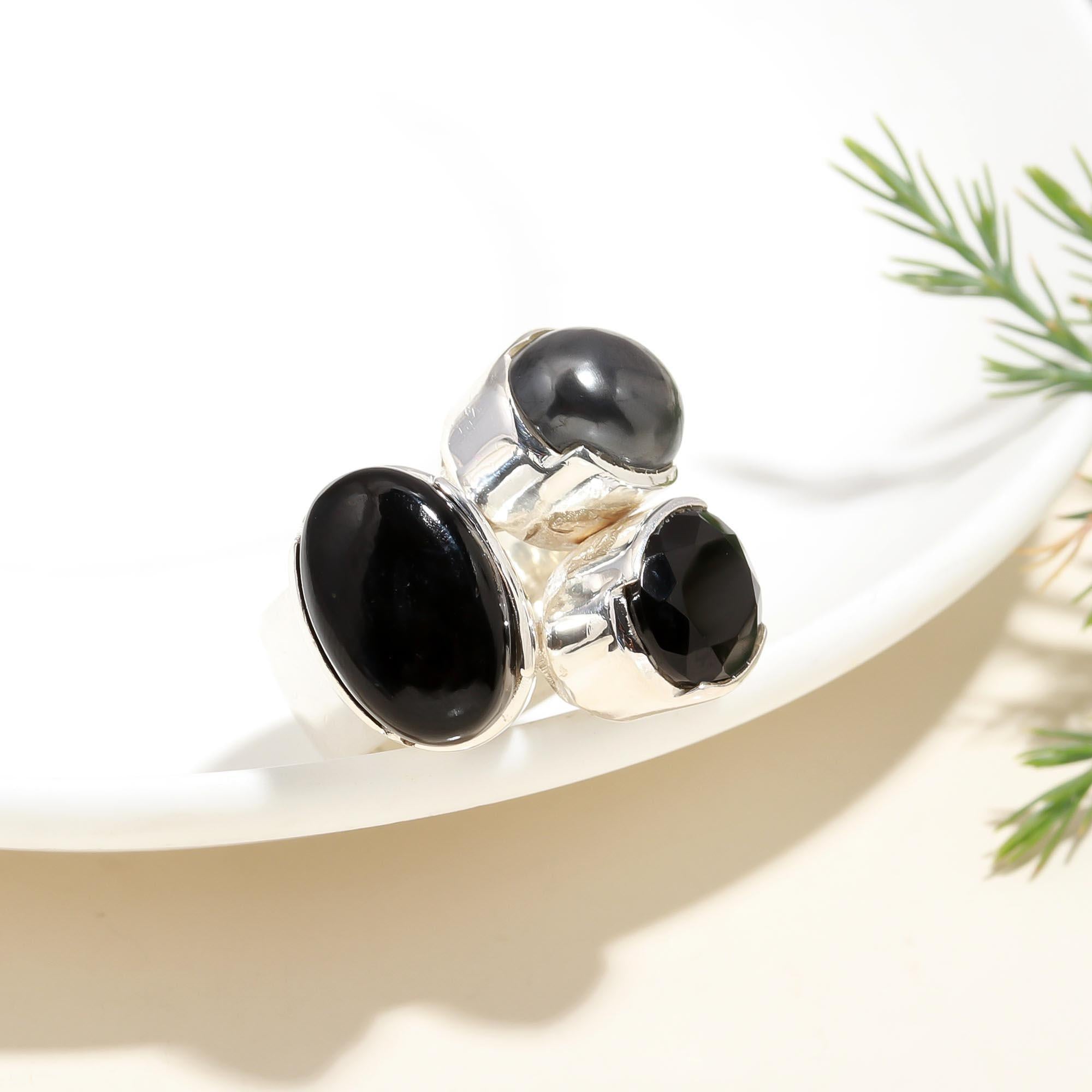 925 Silver Triple Black Onyx Ring