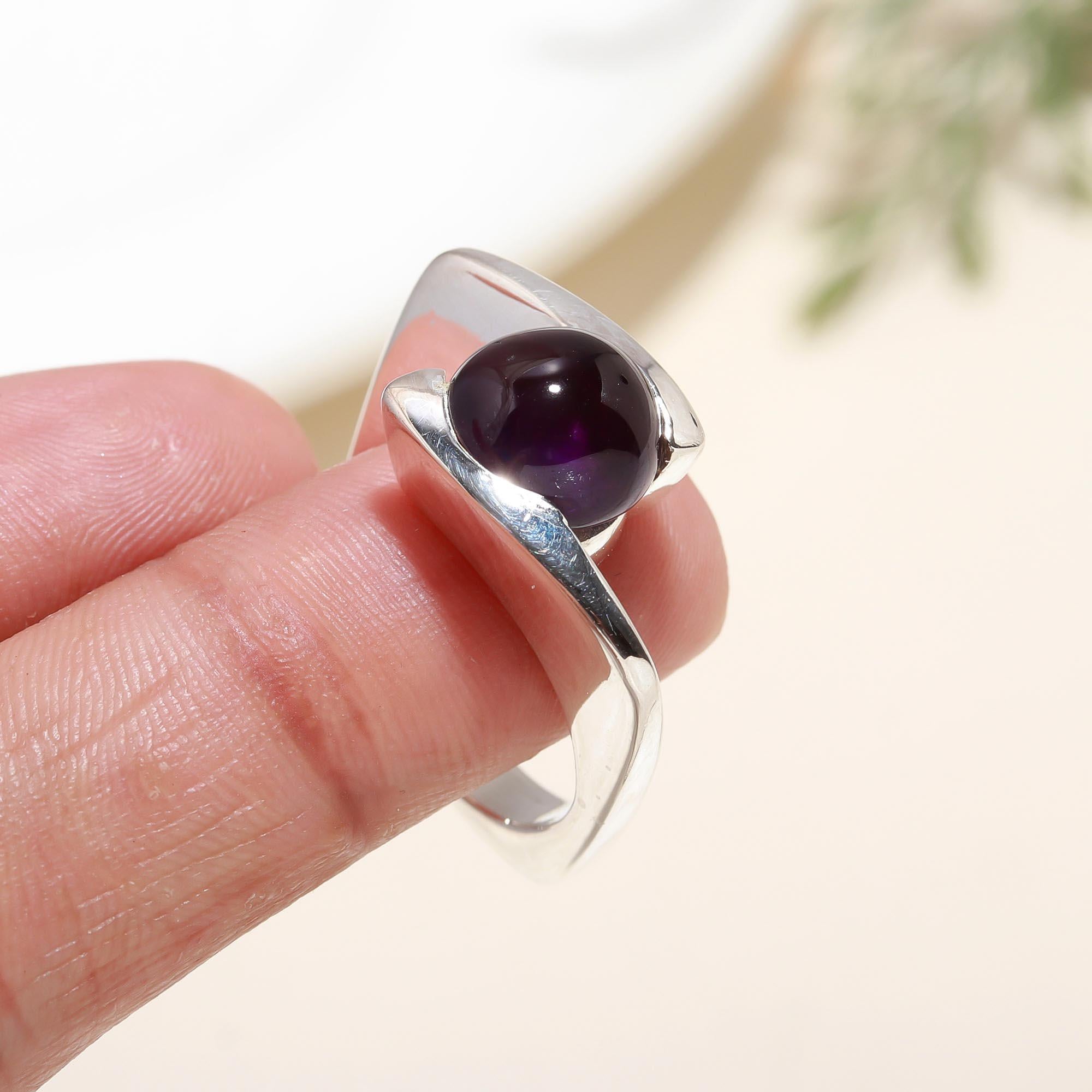 925 Silver Round Amethyst Ring