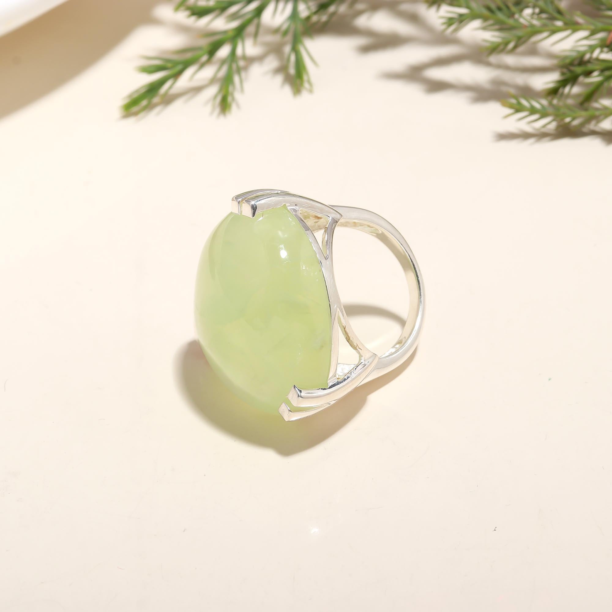 925 Silver Large Green Prehnite Ring