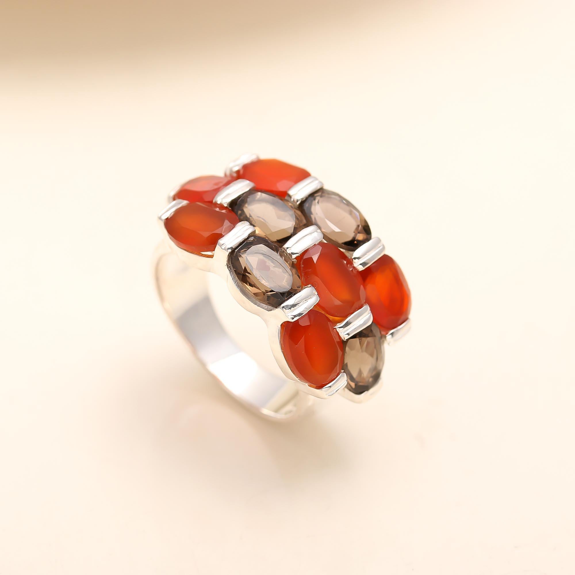 925 Silver Carnelian and Smoky Quartz Ring