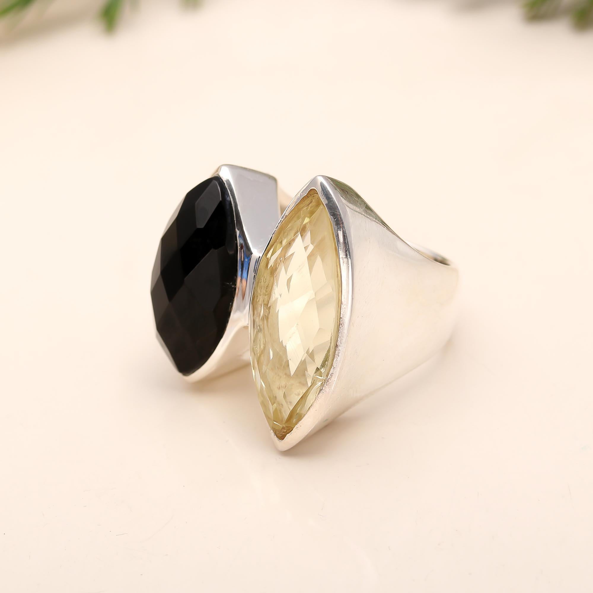 925 Silver Onyx and Citrine Ring