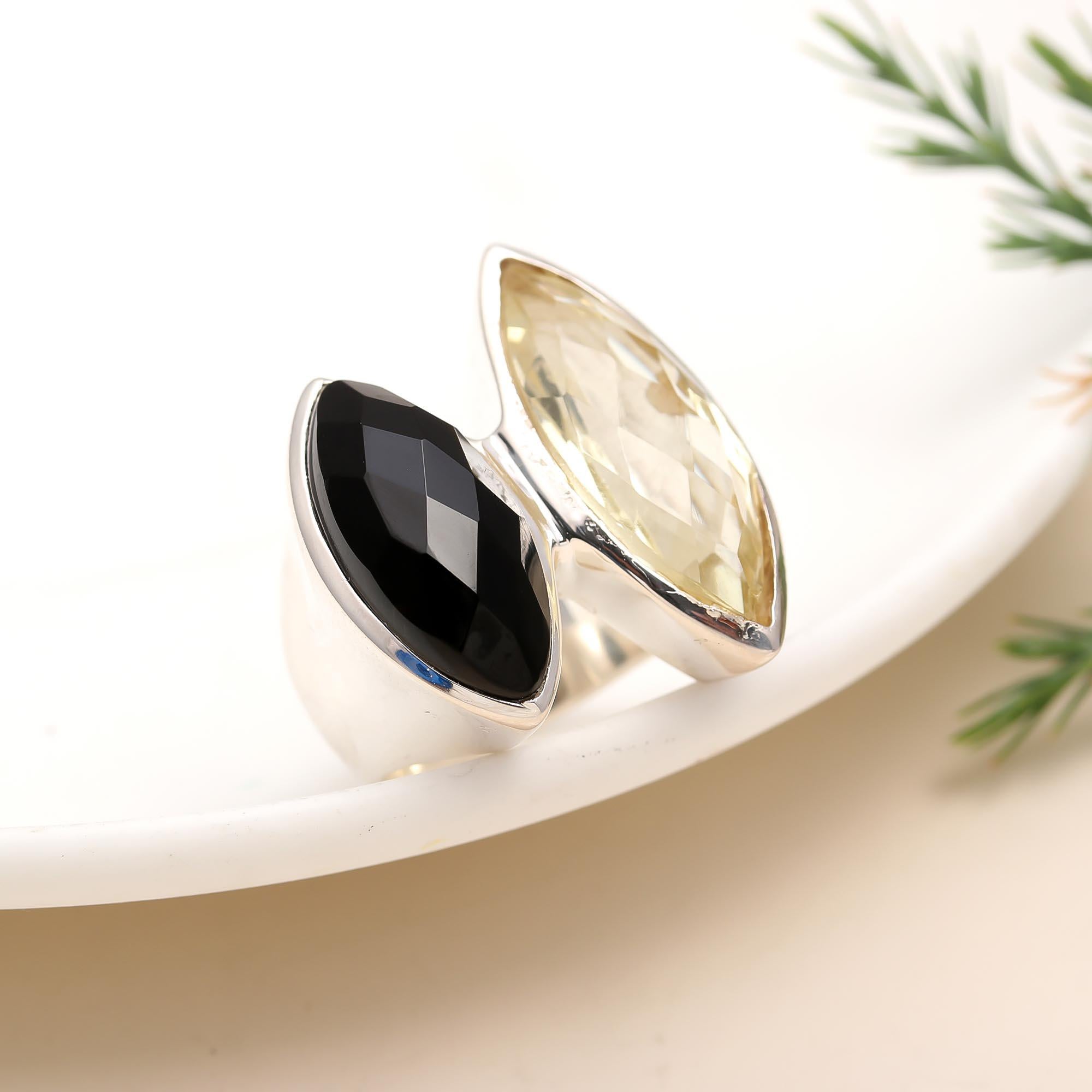 925 Silver Onyx and Citrine Ring