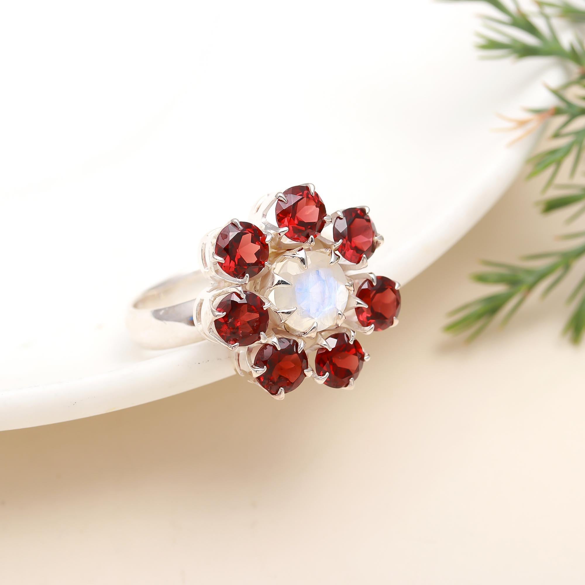 925 Silver Garnet and Moonstone Ring