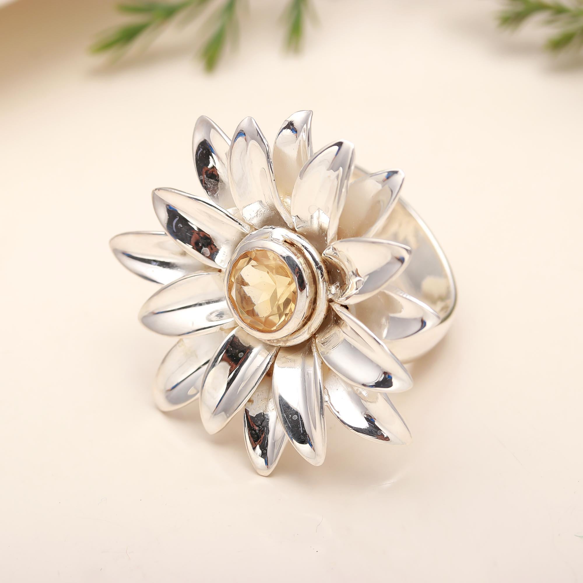 925 Silver Citrine Sunflower Ring