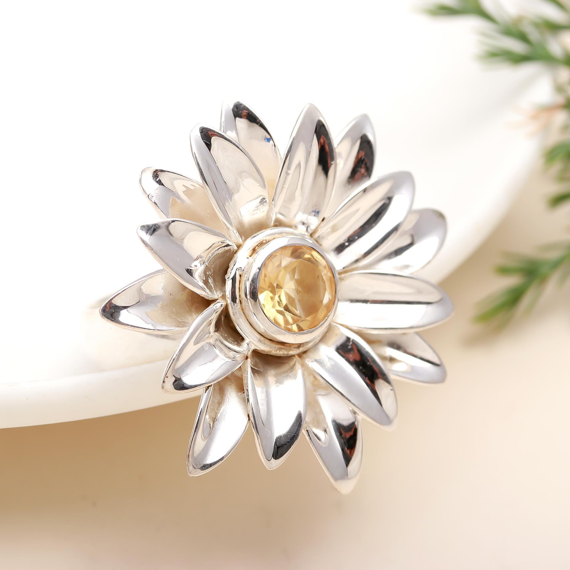 925 Silver Citrine Sunflower Ring