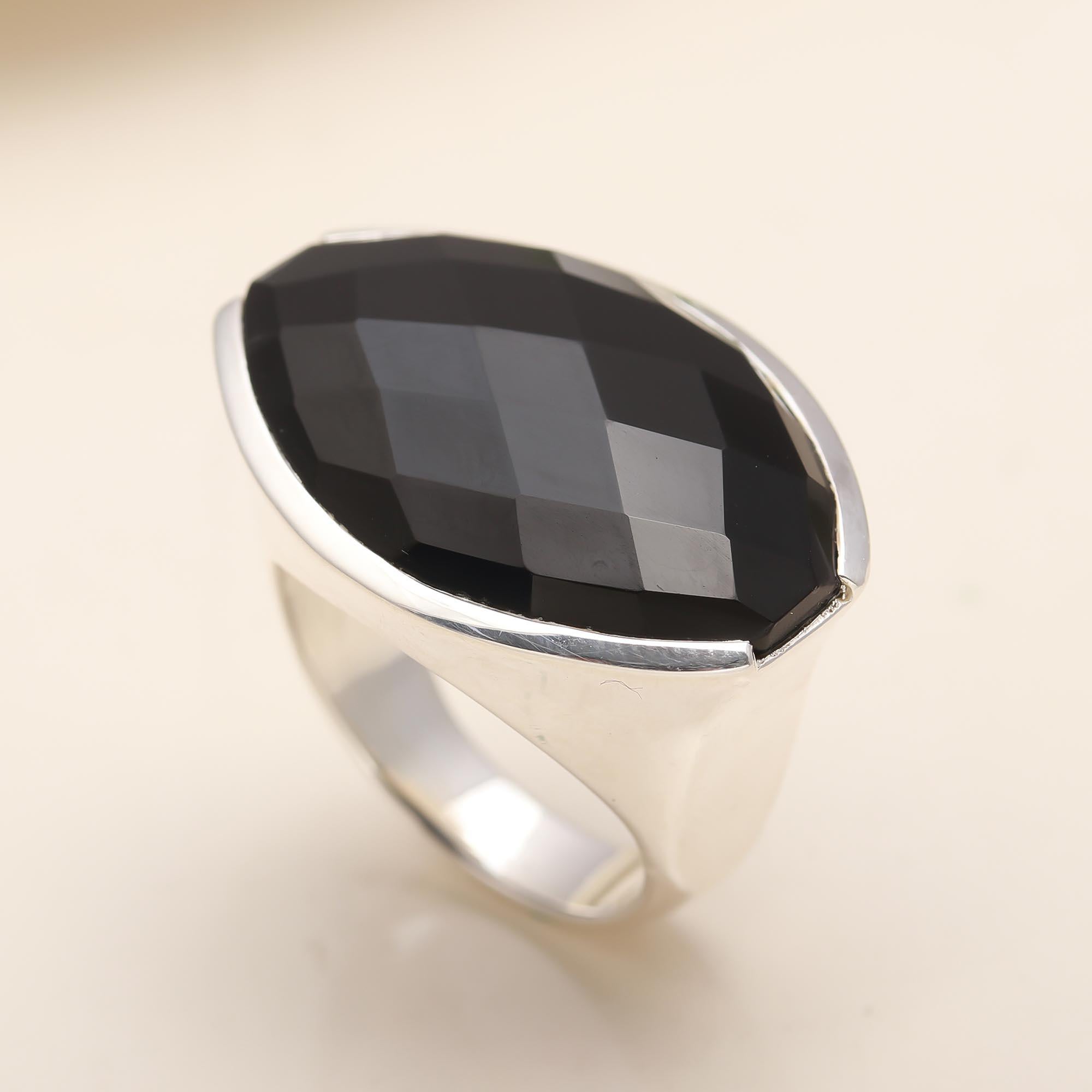 925 Silver Faceted Black Onyx Ring