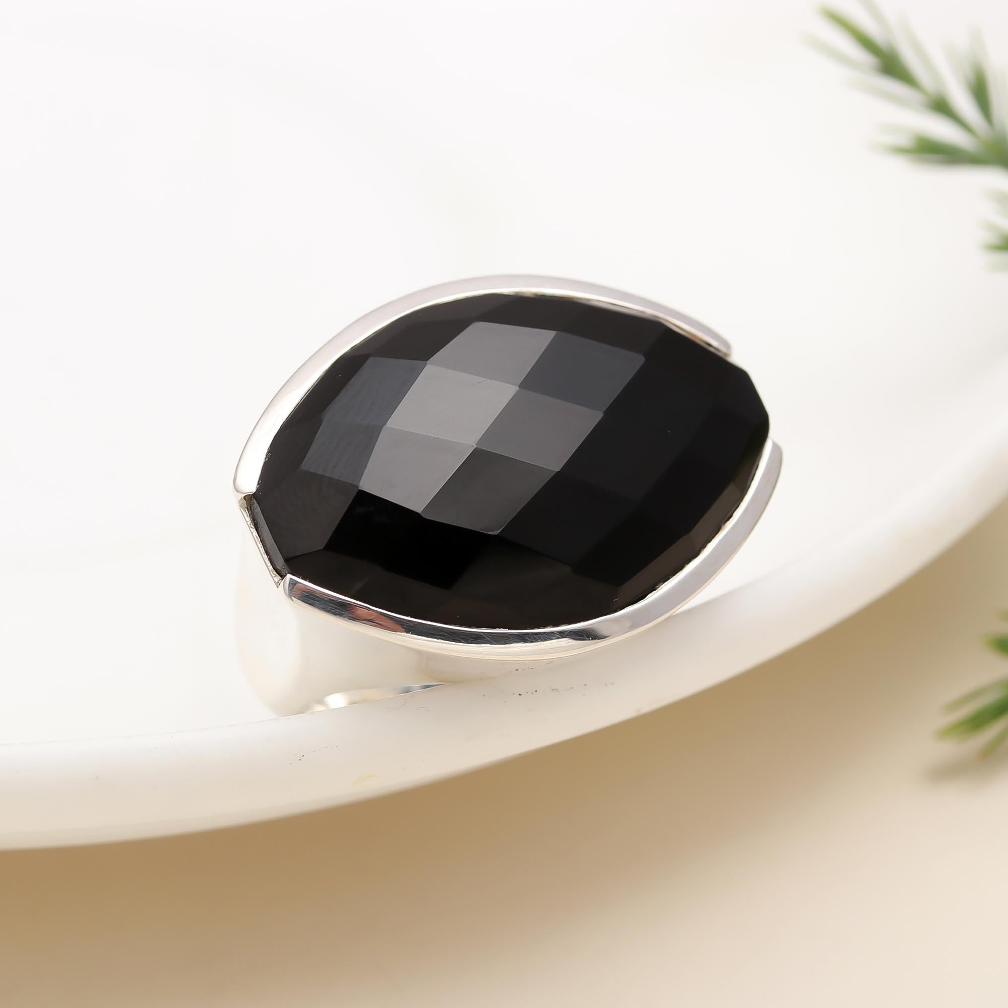925 Silver Faceted Black Onyx Ring