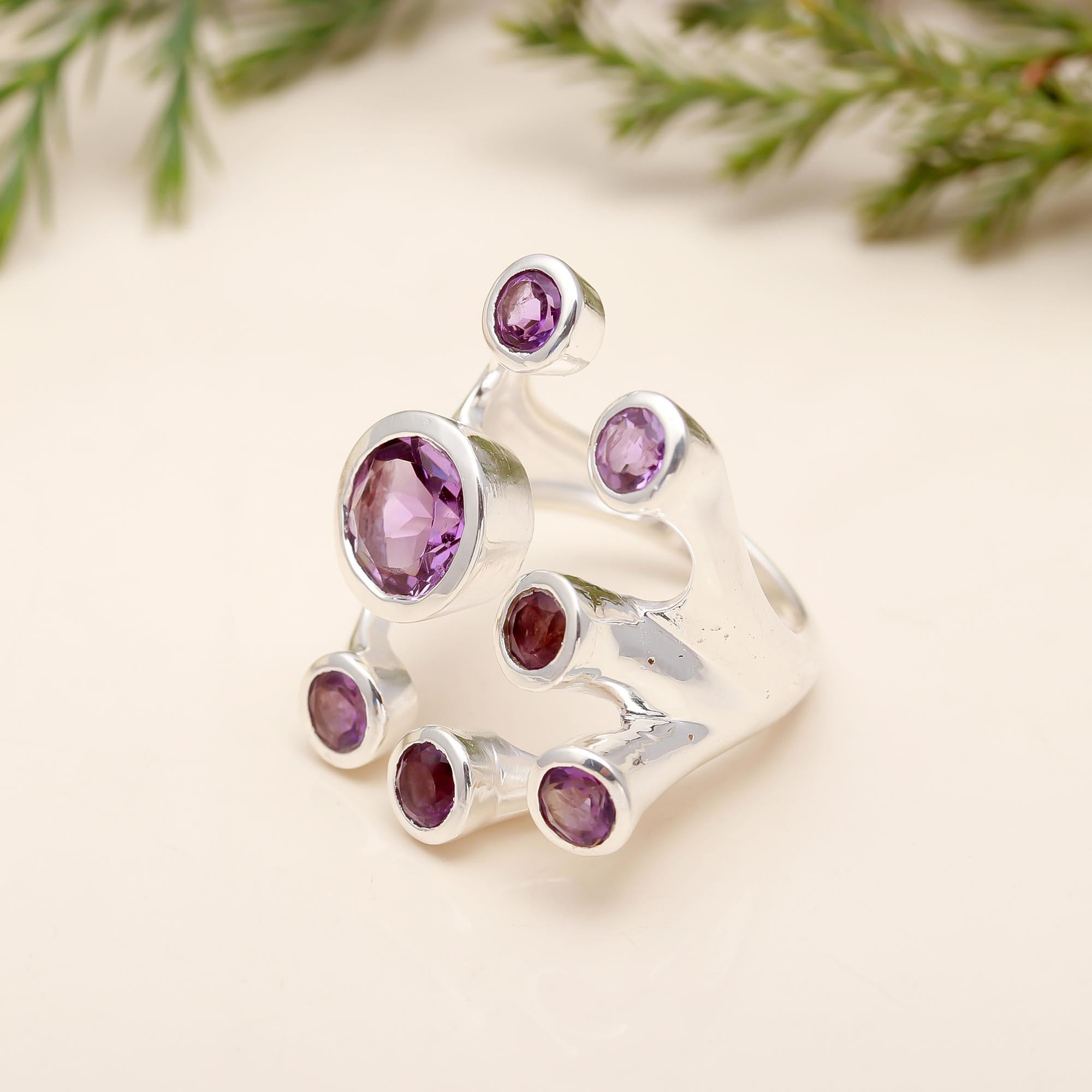 925 Silver Multi Amethyst Ring