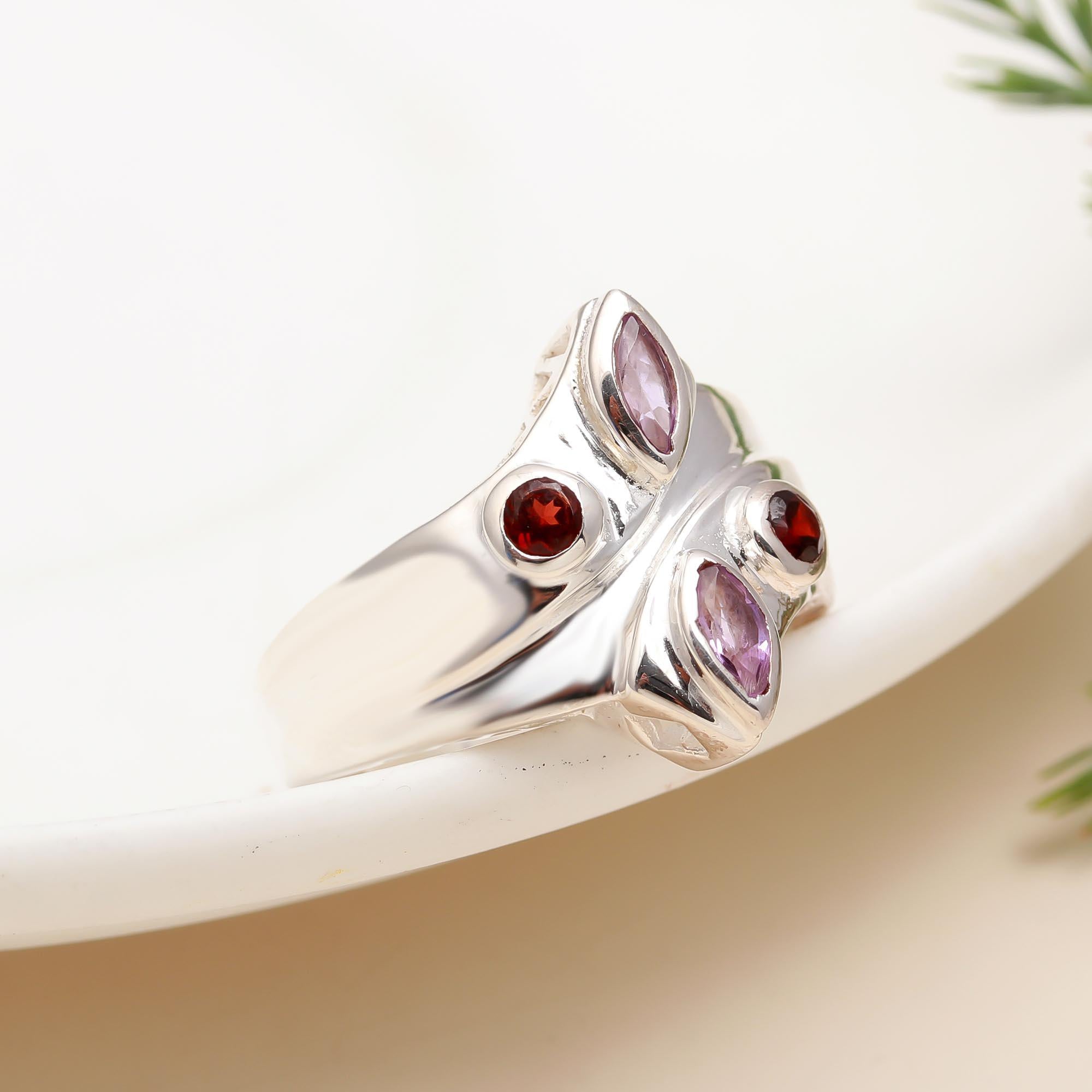 925 Silver Garnet and Amethyst Ring