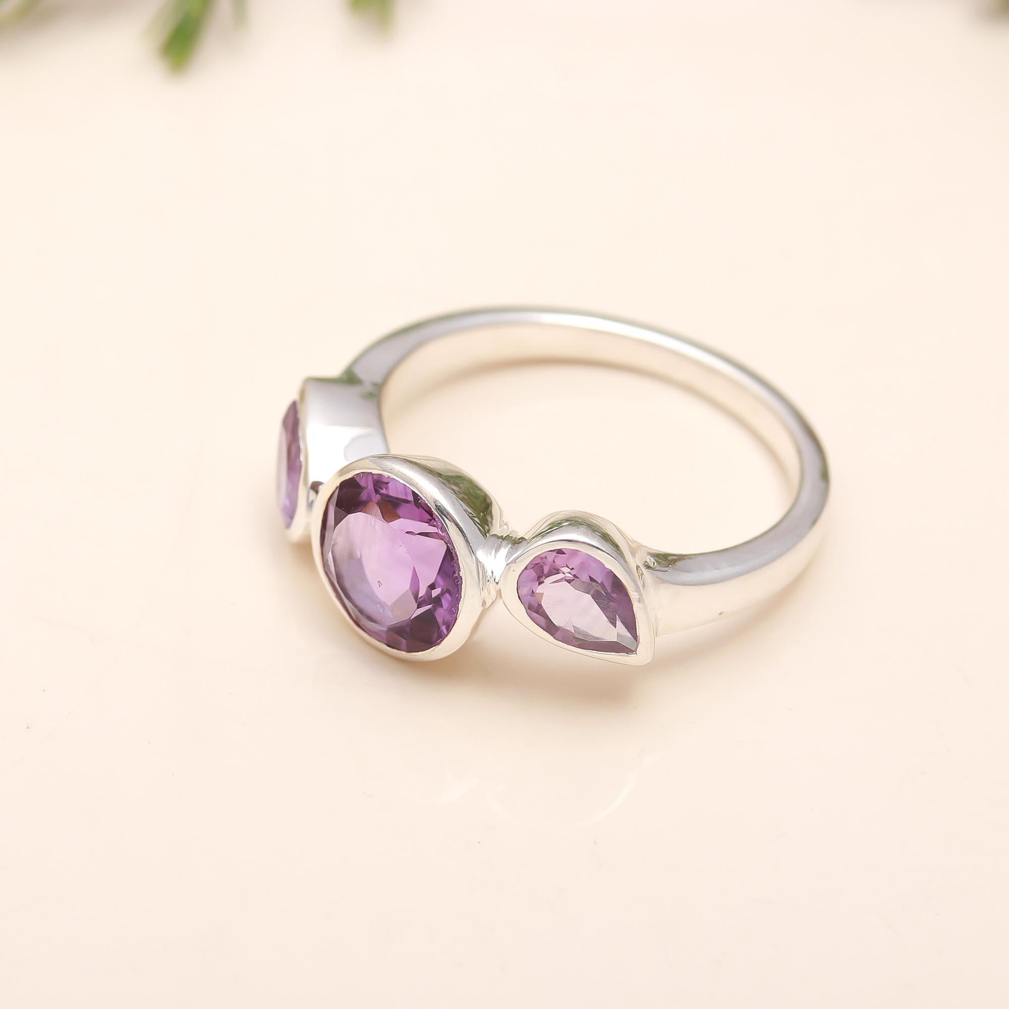 925 Silver Triple Amethyst Ring