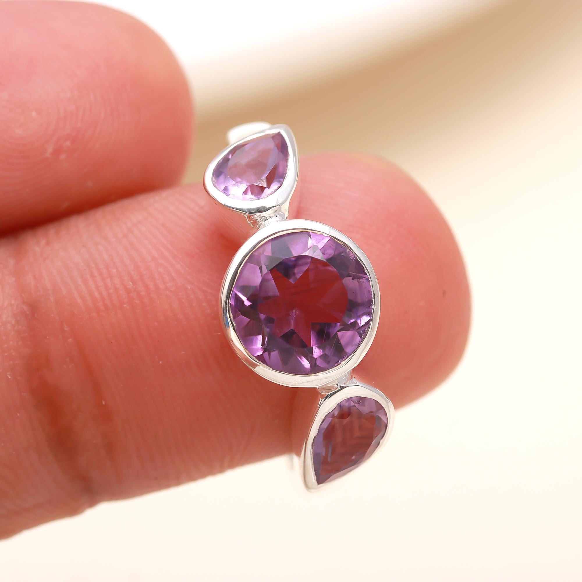 925 Silver Triple Amethyst Ring