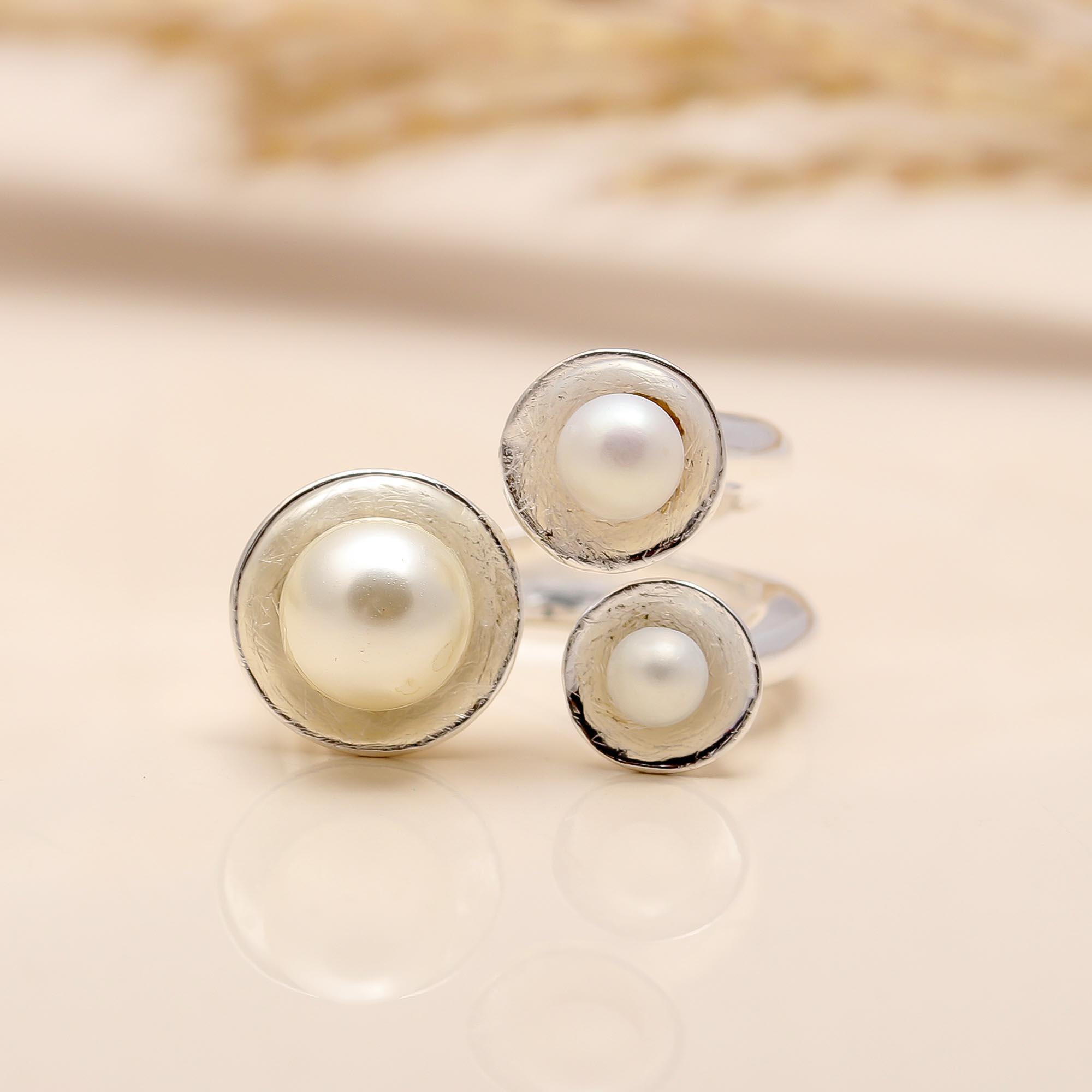 925 Silver Triple Pearl Open Ring
