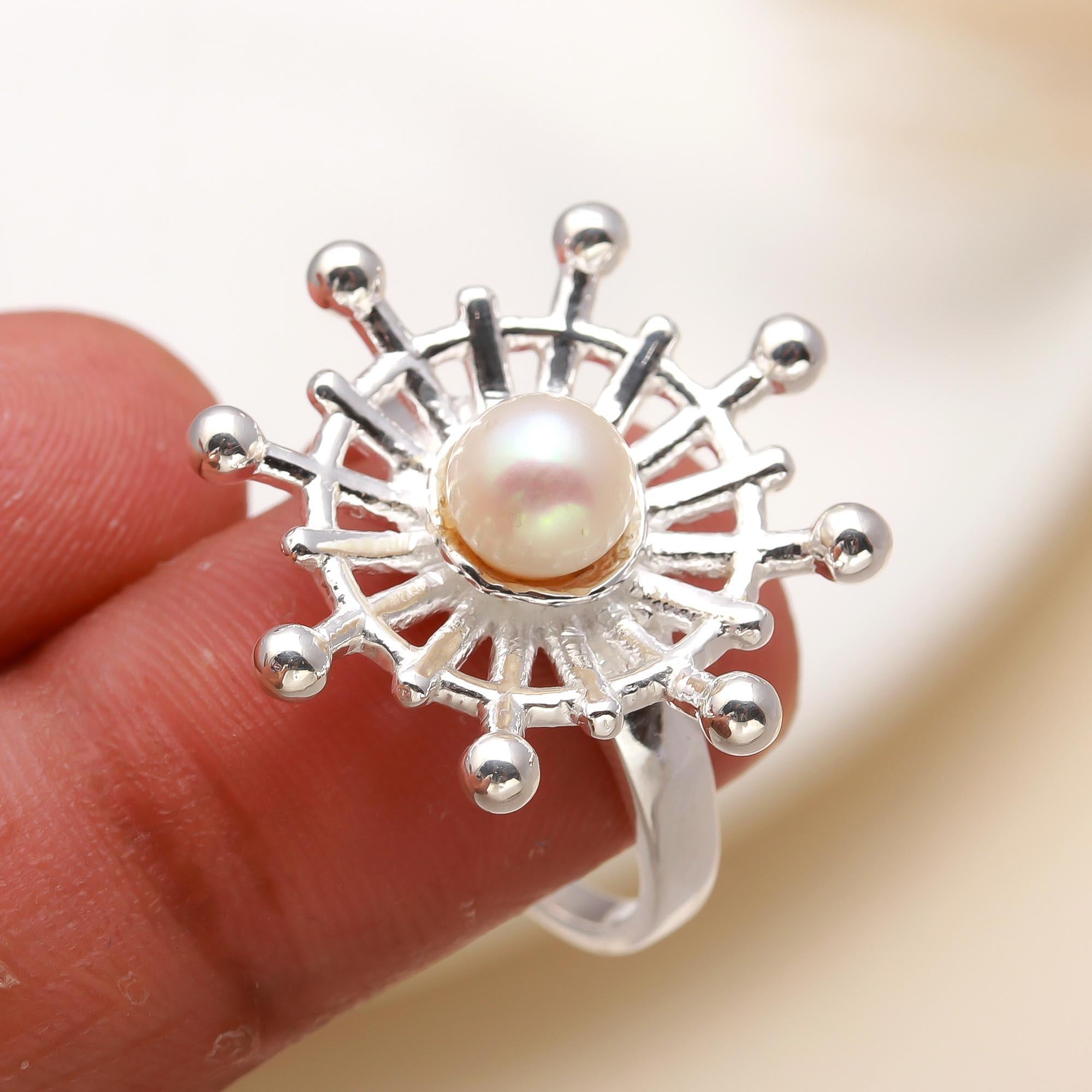 925 Silver Pearl Starburst Ring