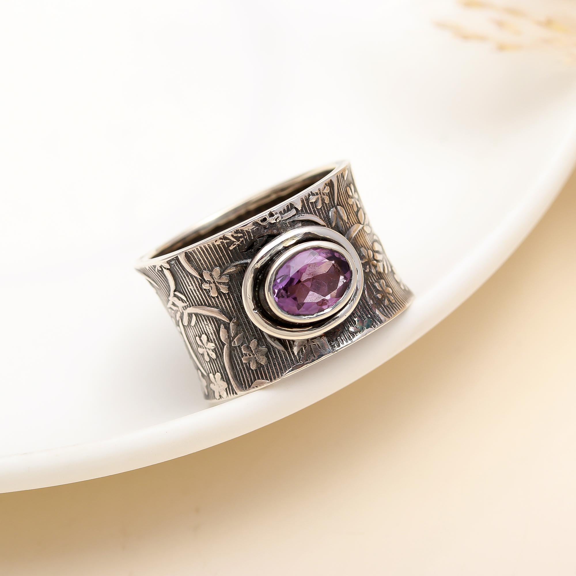 925 Silver Amethyst Wide Ring