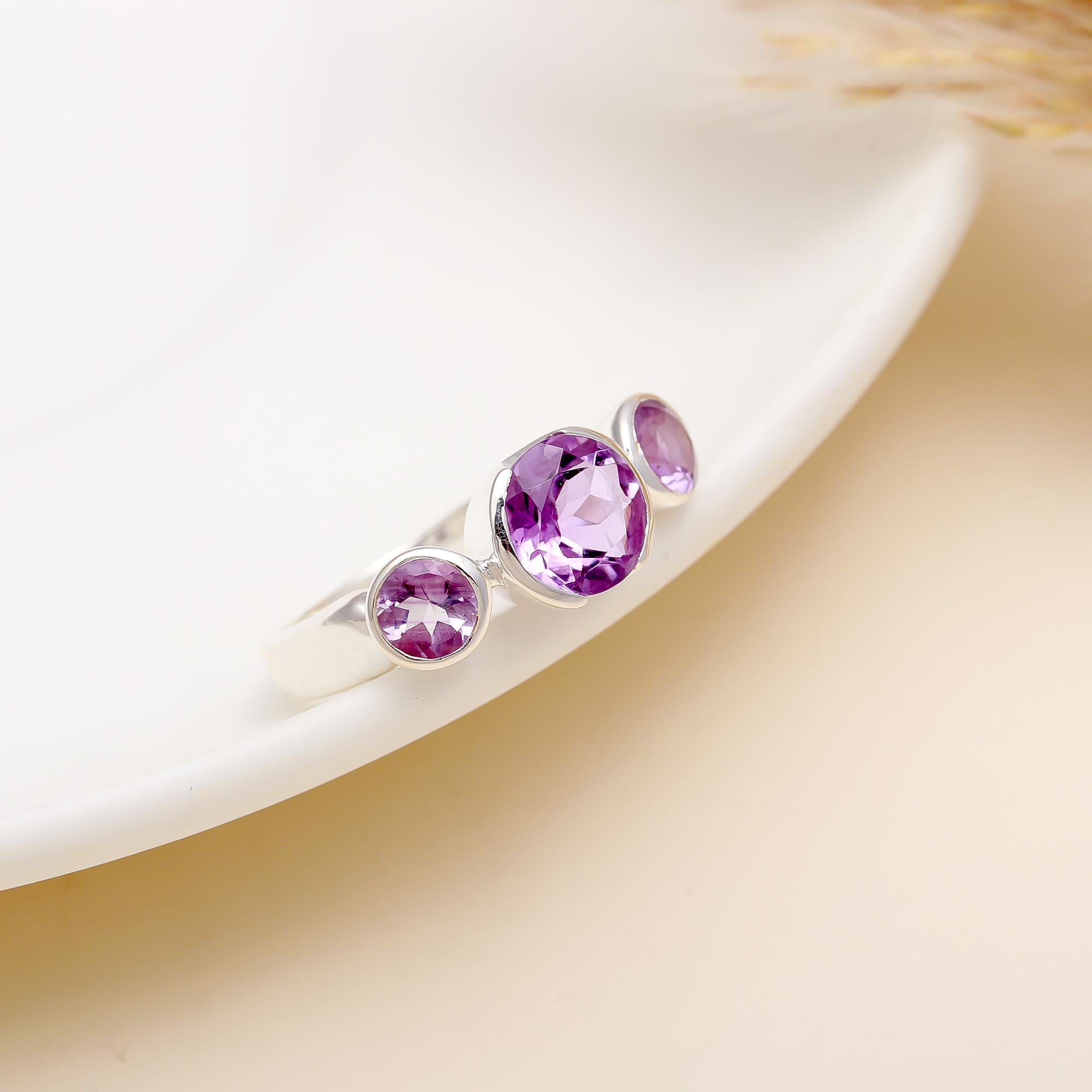 925 Silver Triple Amethyst Ring
