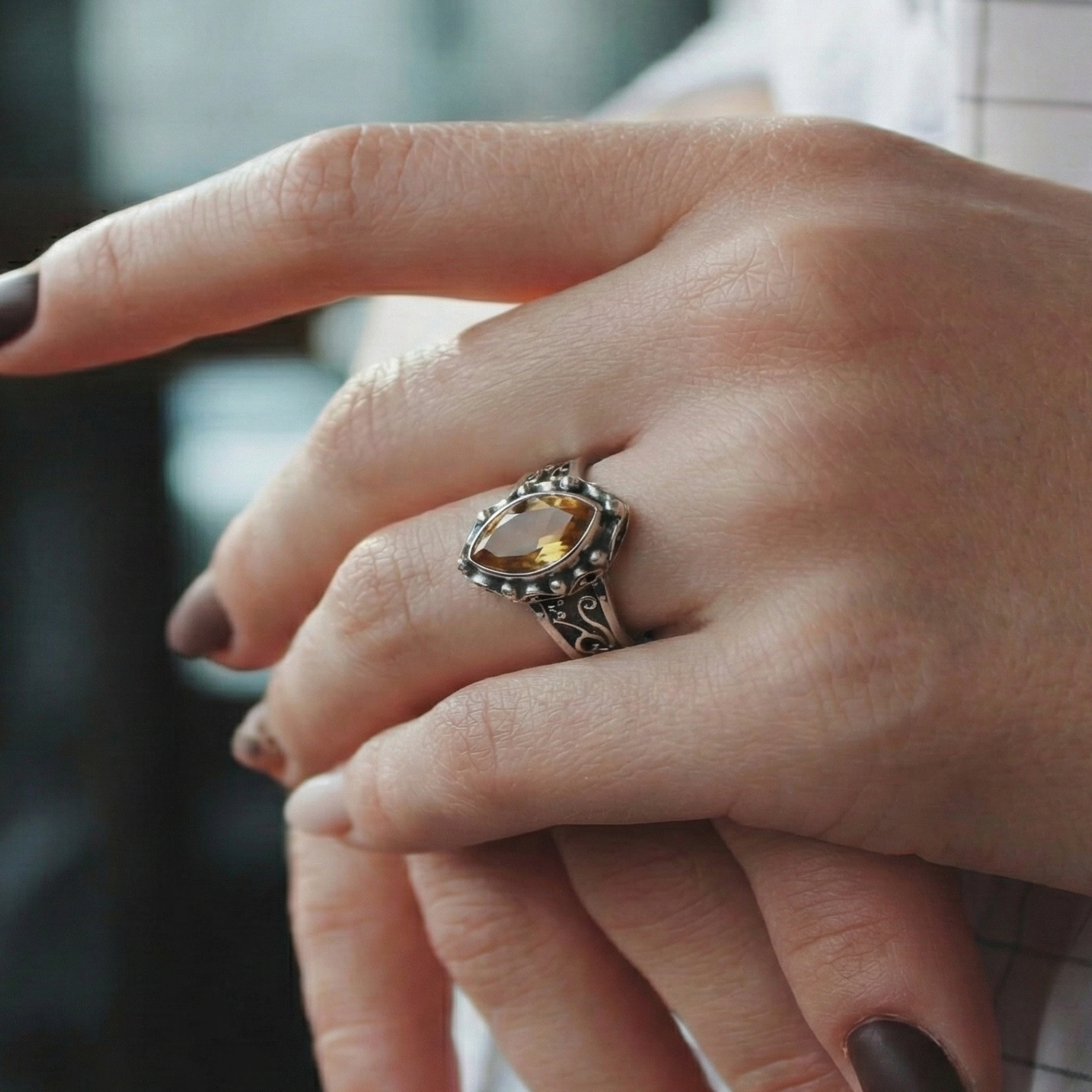 The Vintage Scroll: Citrine Oxidized Silver Filigree Ring