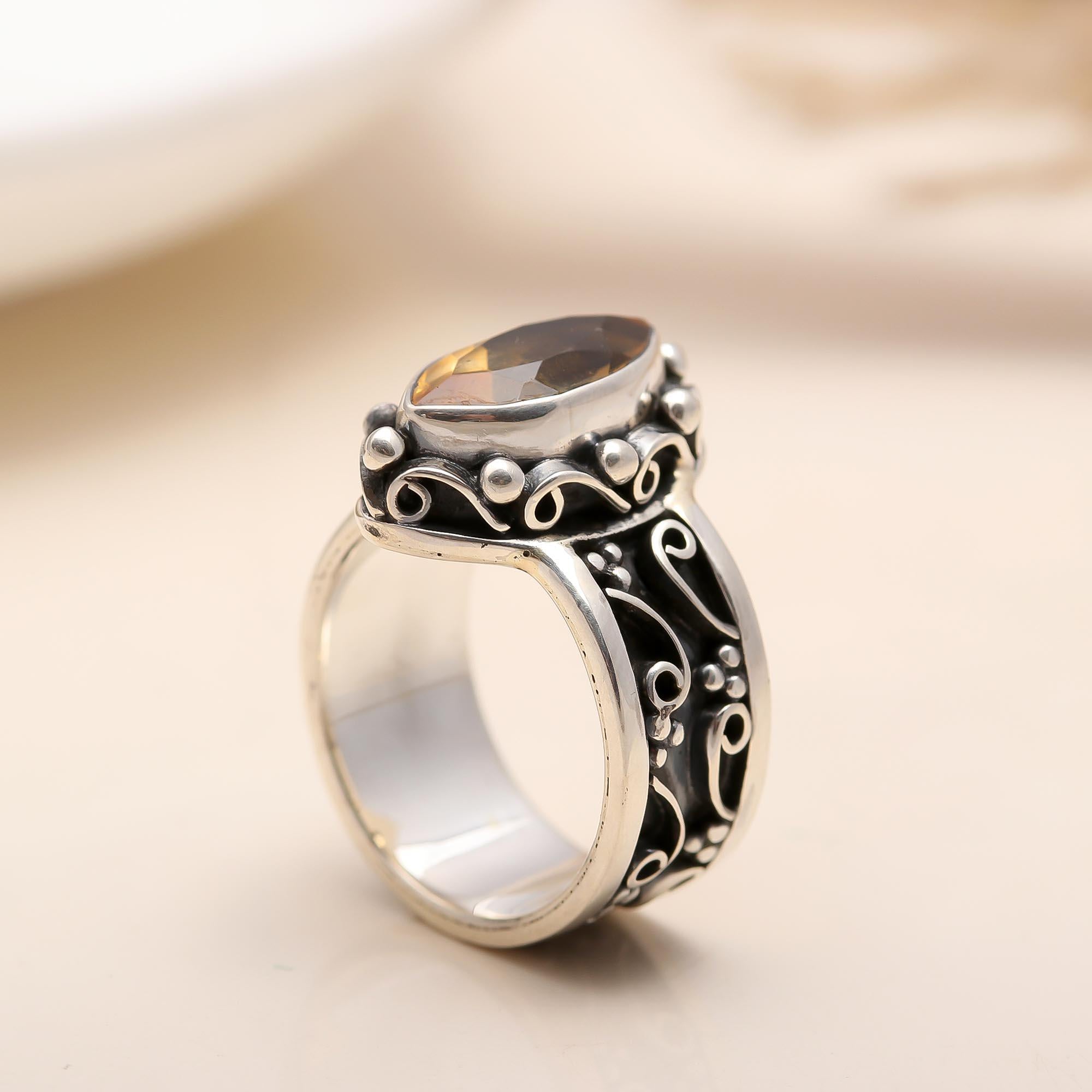 The Vintage Scroll: Smoky Quartz & Oxidized Silver Filigree Ring