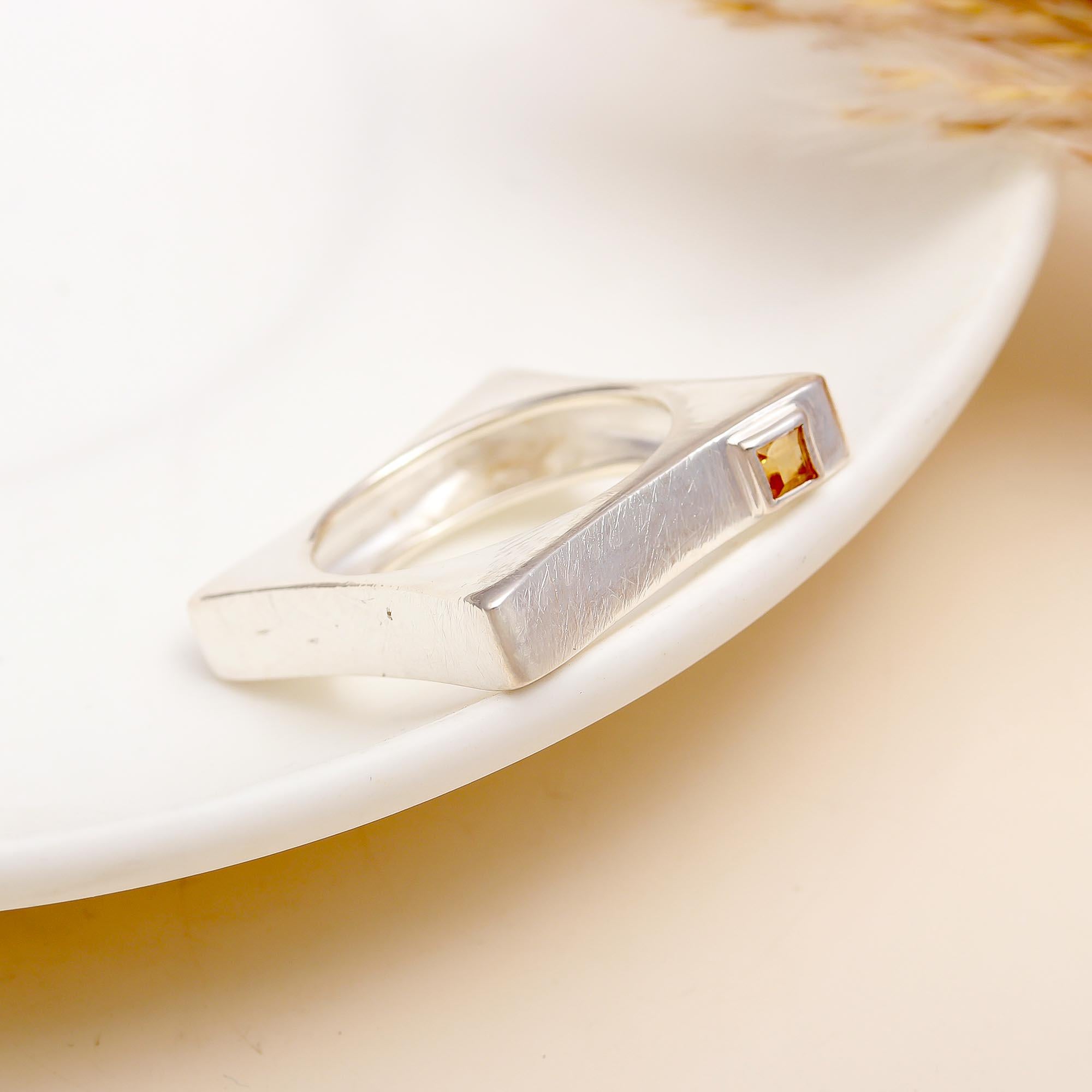 The Modern Cube: Citrine & Brushed Silver Square Ring
