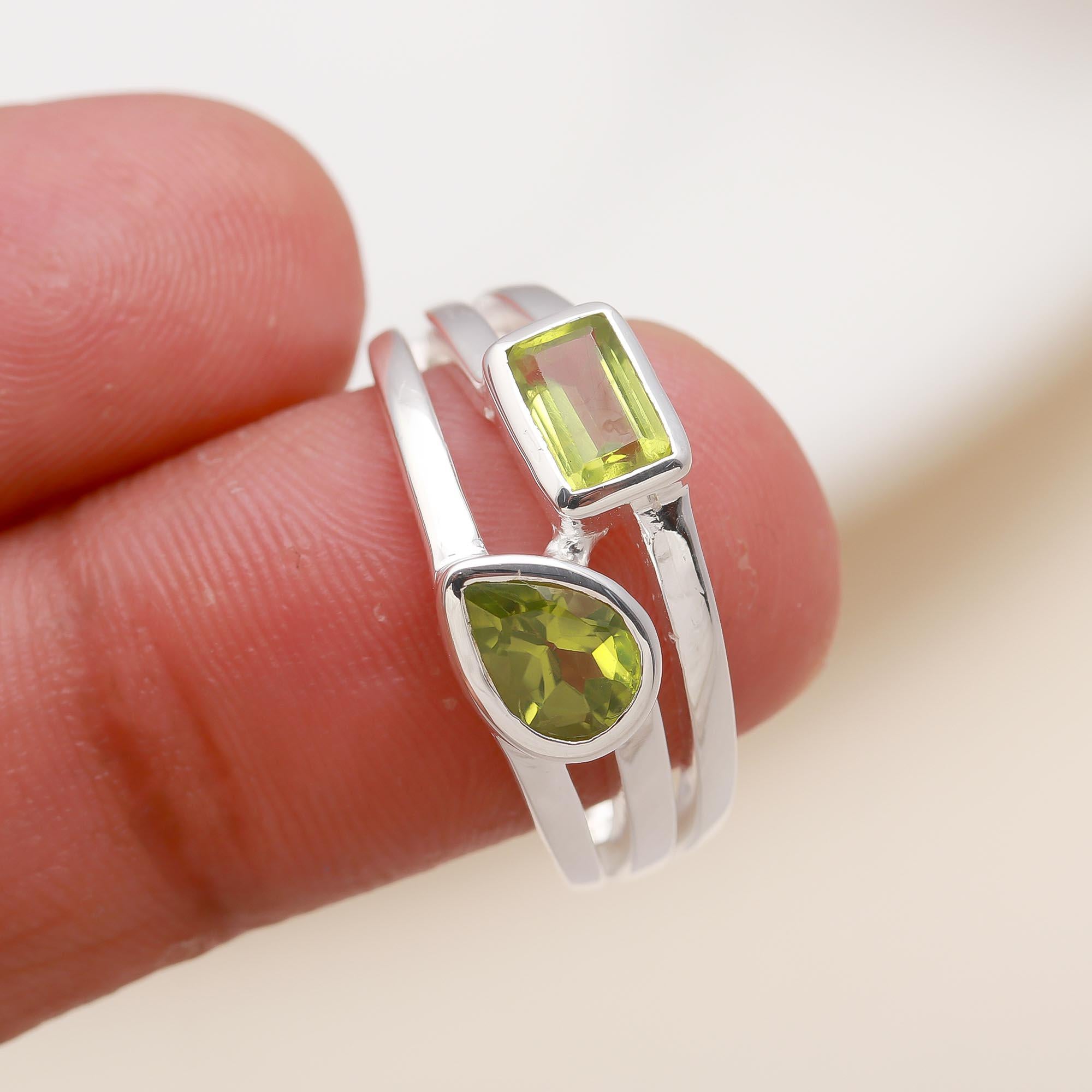 The Verdant Duo: Peridot Multi-Shape Silver Ring