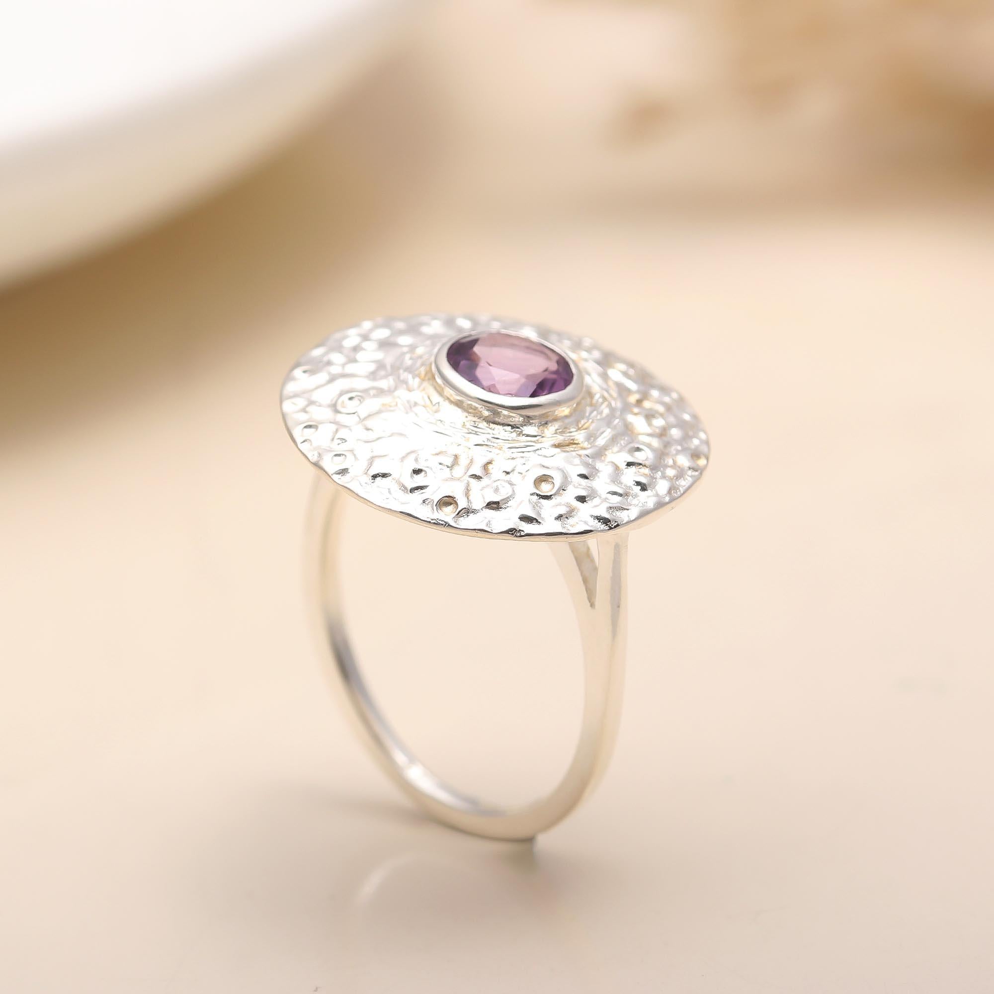 925 Silver Amethyst Hammered Disc Ring